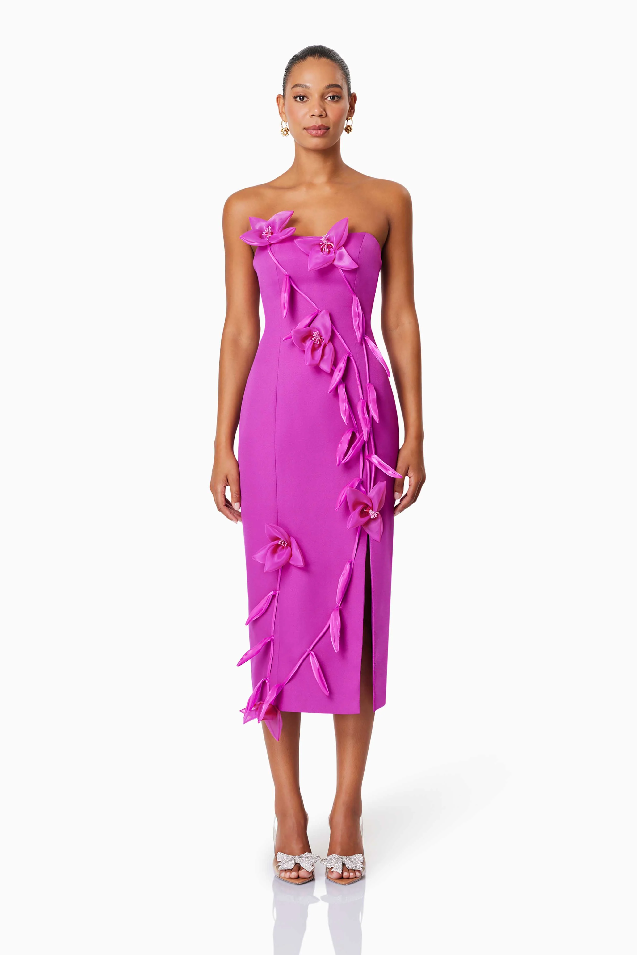 Bethany Strapless Floral Midi Dress In Purple