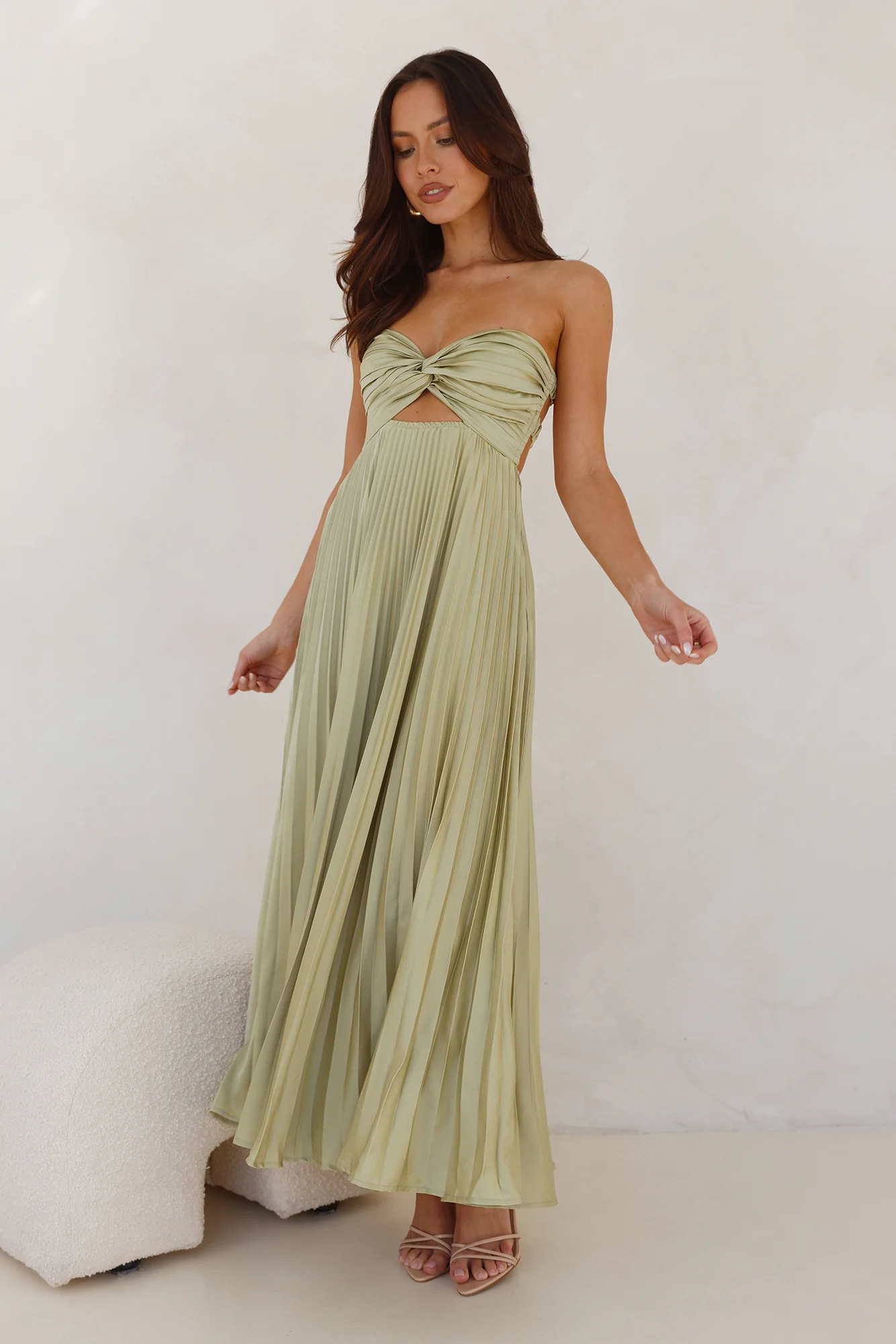 Frosted Berry Strapless Pleated Maxi Dress Lime
