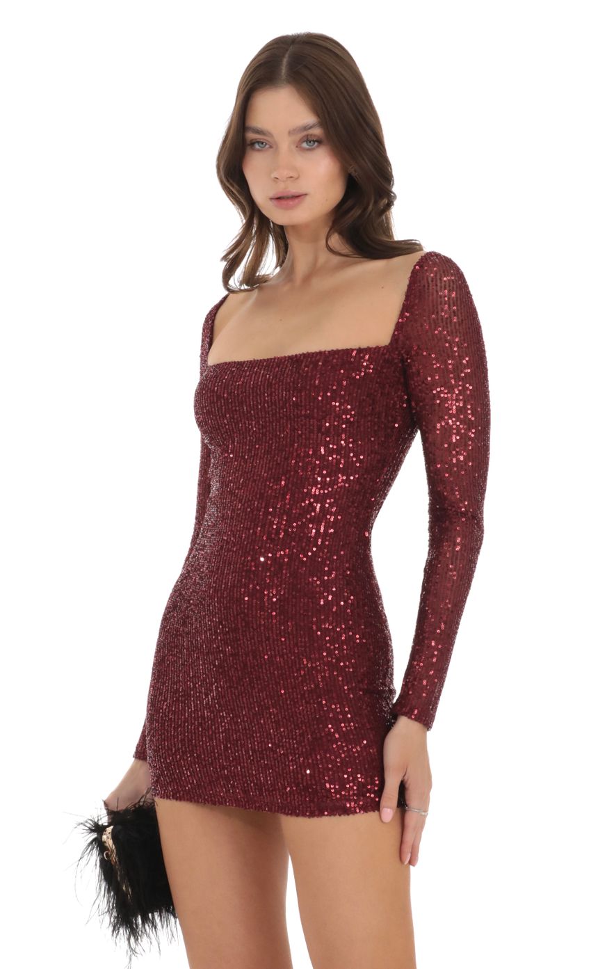 Sequin Long Sleeve Dress in Maroon
