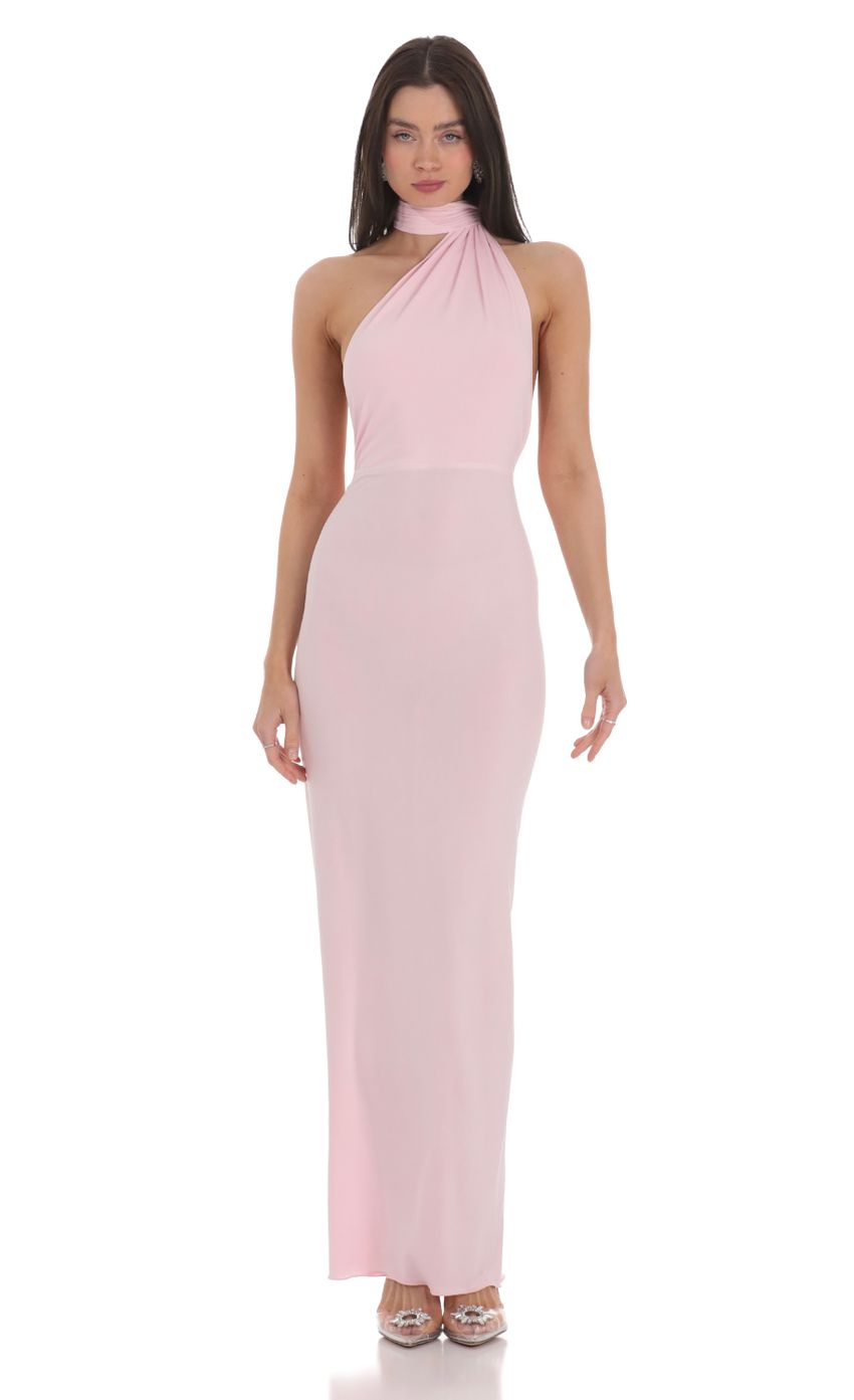 One Shoulder Scarf Strap Maxi Dress in Pink