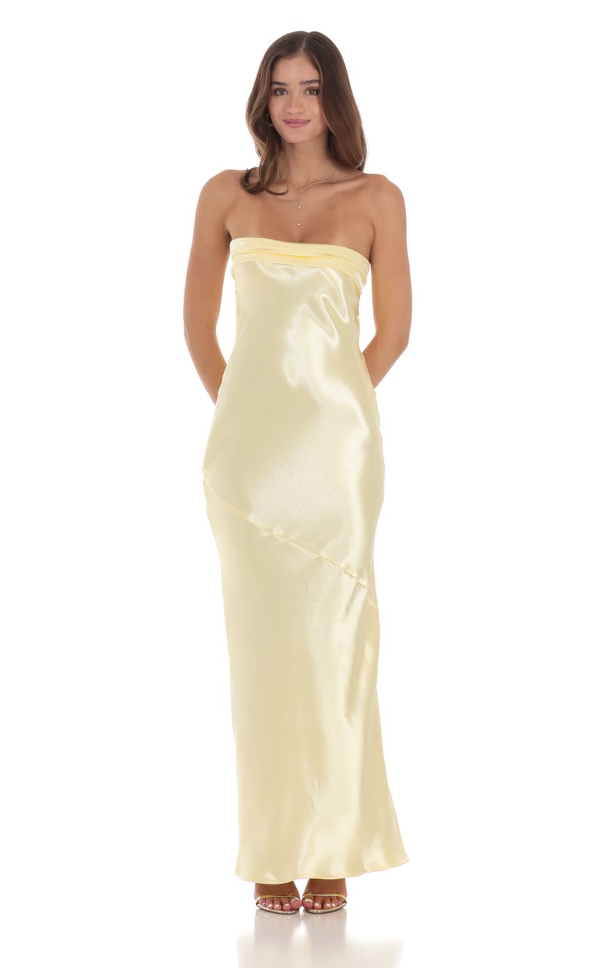 Strapless Satin Open Back Maxi Dress in Yellow