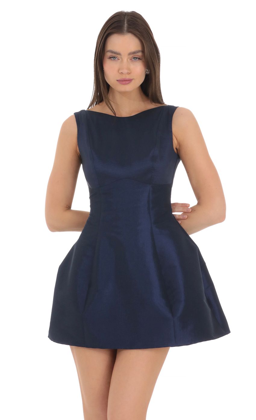 High Neck Open Back Flare Dress in Navy