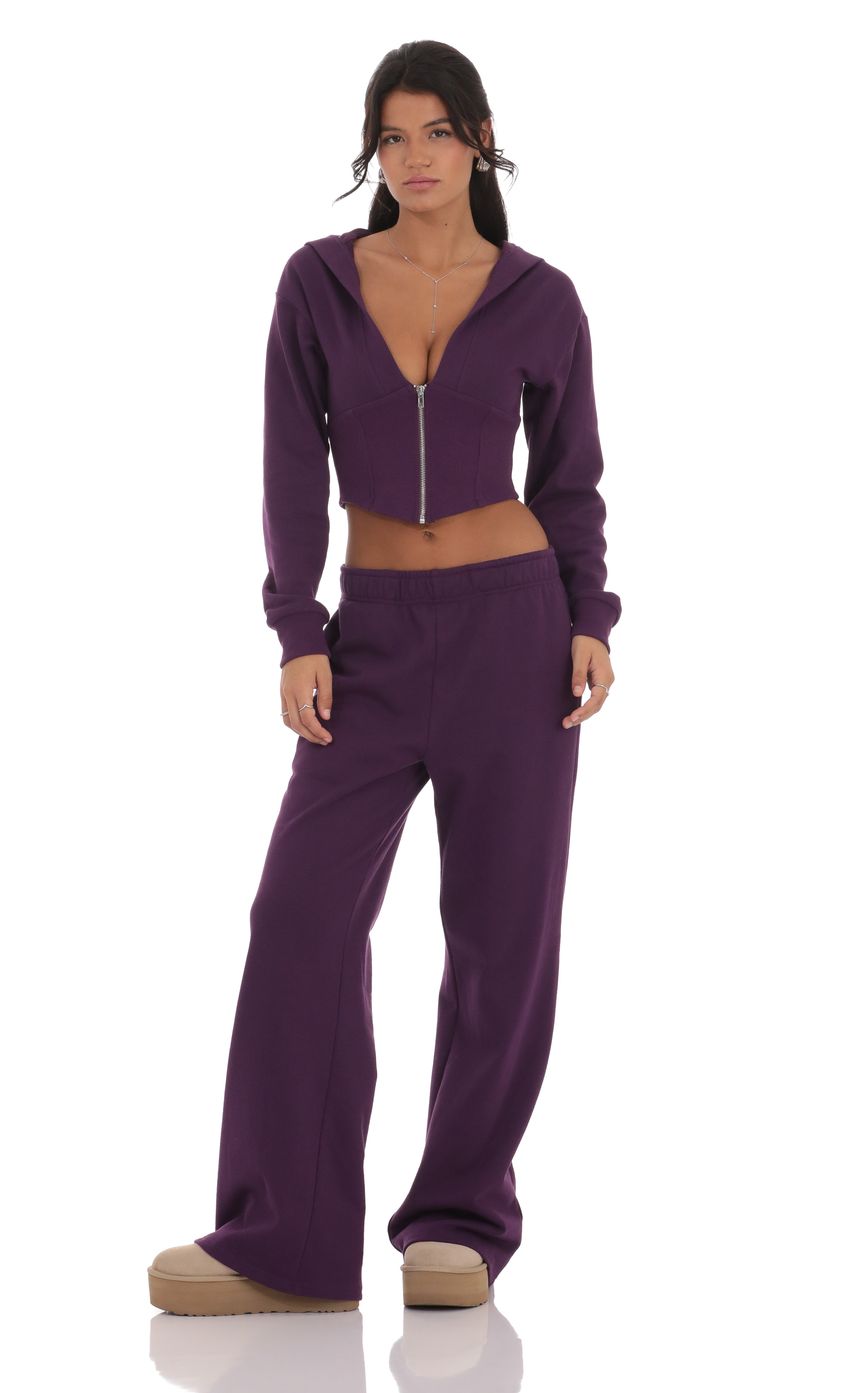 Cropped Pointed Hoodie Sports Suit in Purple