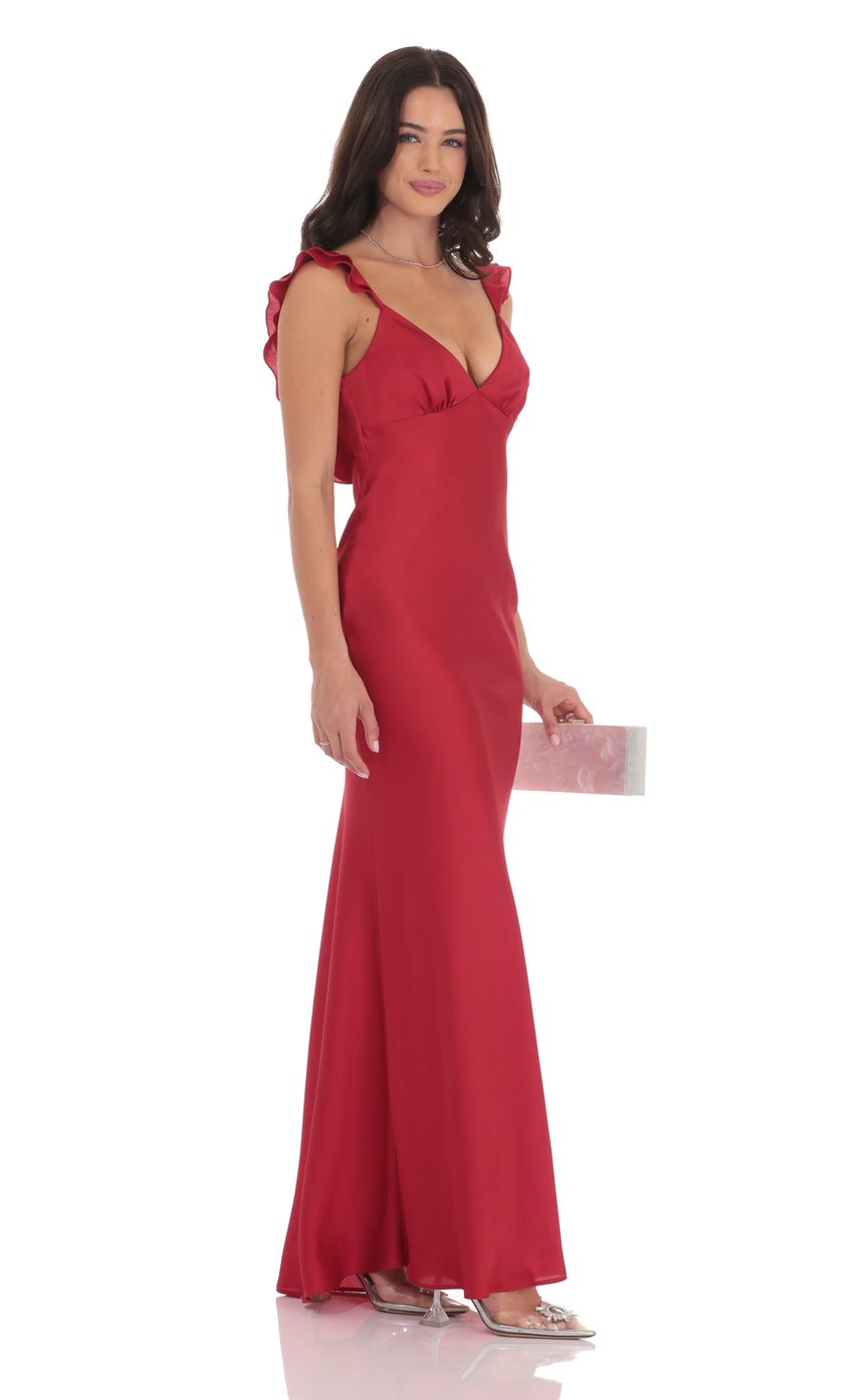 Satin Ruffle Open Maxi Dress in Red