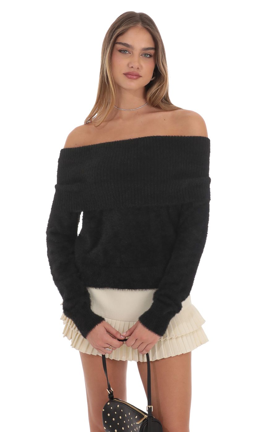 Fuzzy Off Shoulder Jumper in Black