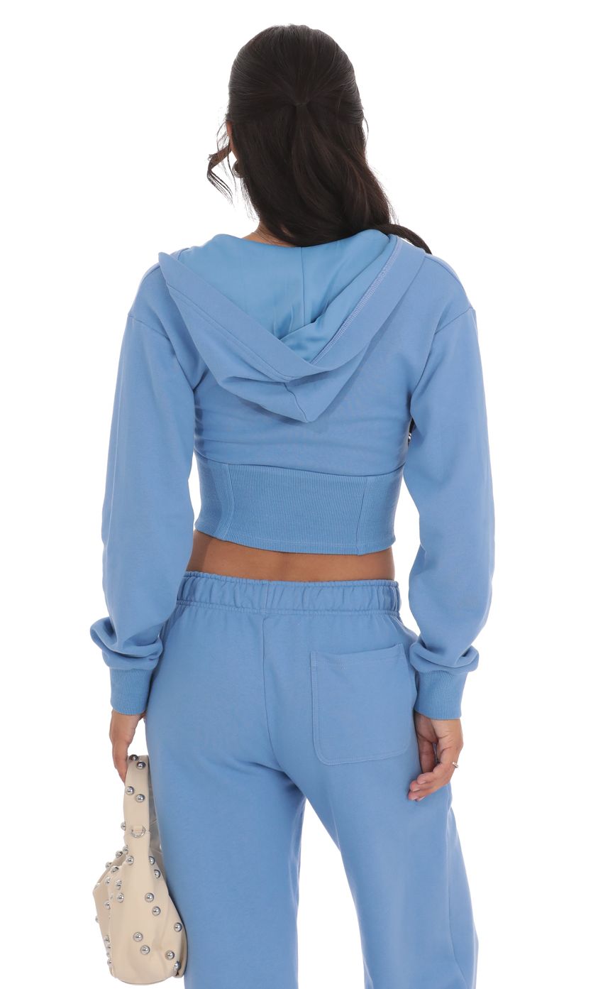 Cropped Pointed Hoodie Sports Suit in Light Blue