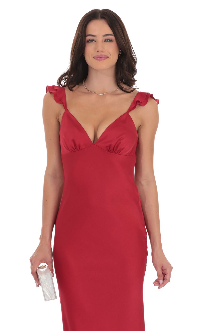 Satin Ruffle Open Maxi Dress in Red
