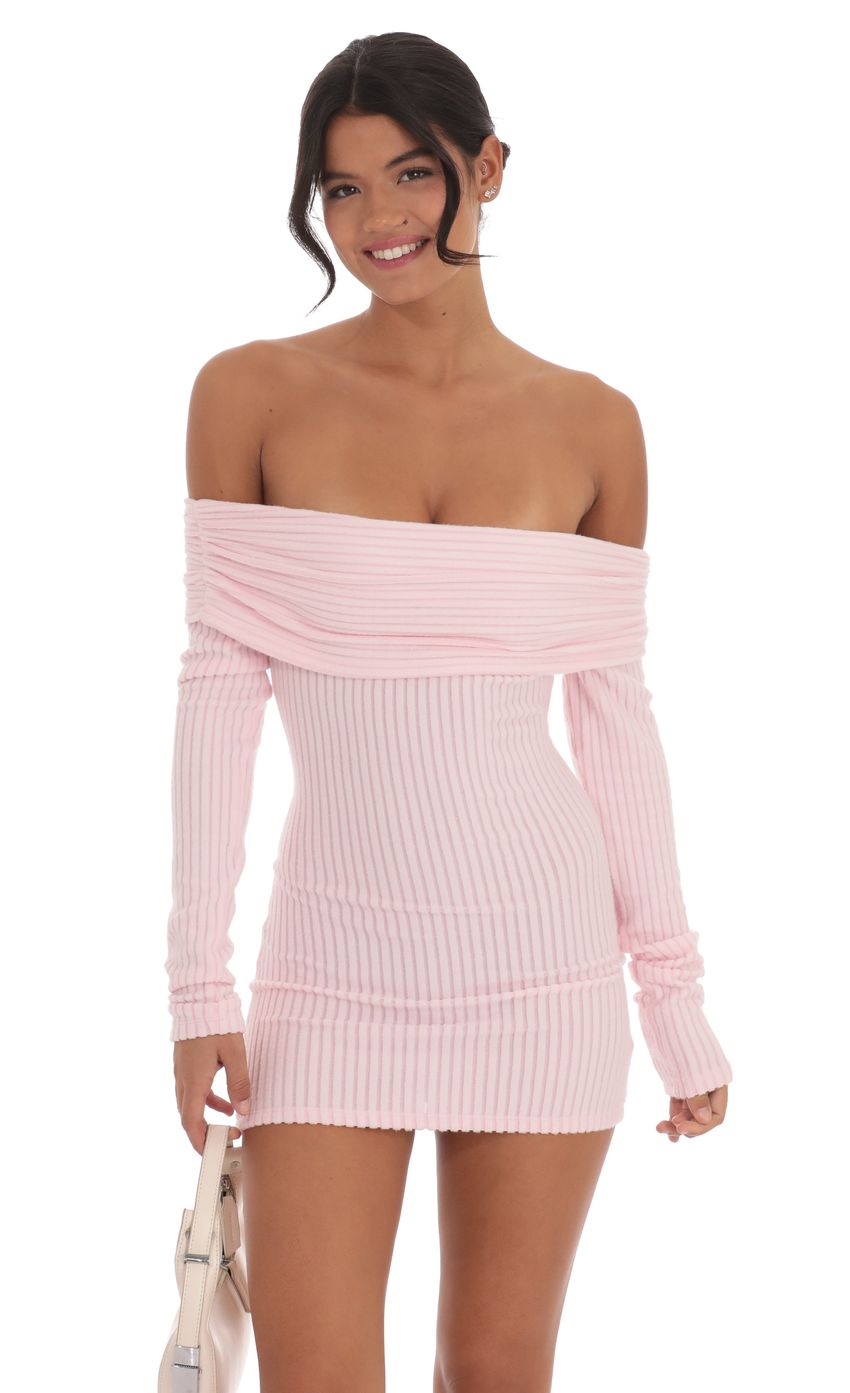 Ribbed Off Shoulder Open Back Dress in Pink