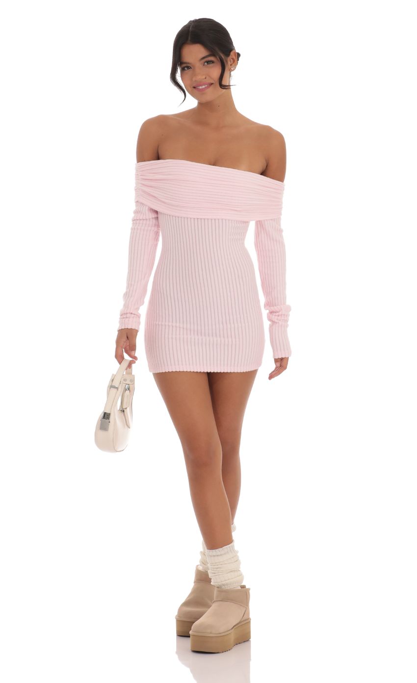 Ribbed Off Shoulder Open Back Dress in Pink