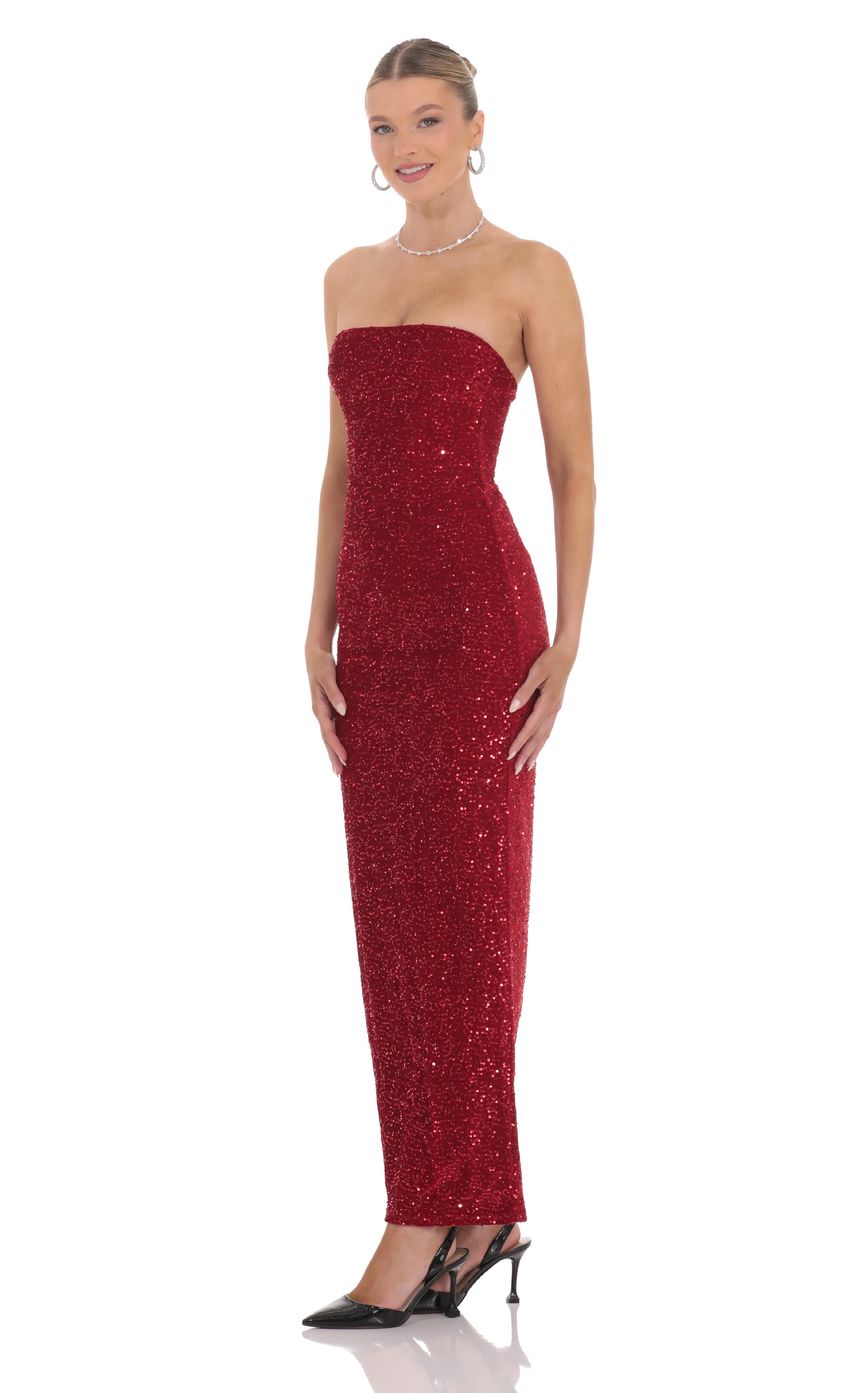 Velvet Sequin Strapless Maxi Dress in Red