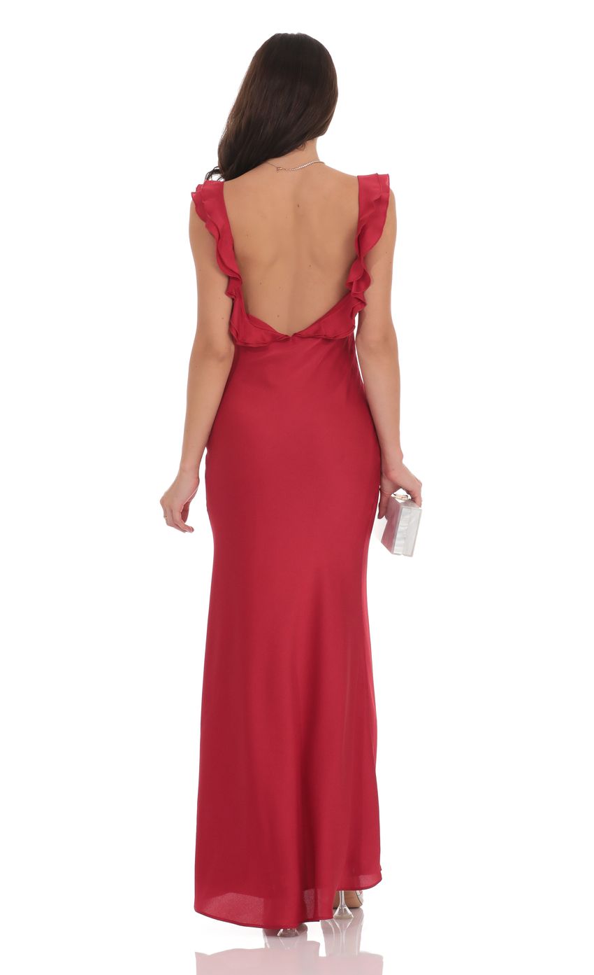 Satin Ruffle Open Maxi Dress in Red