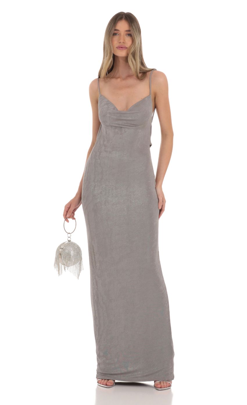Draped Open Back Maxi Dress in Silver