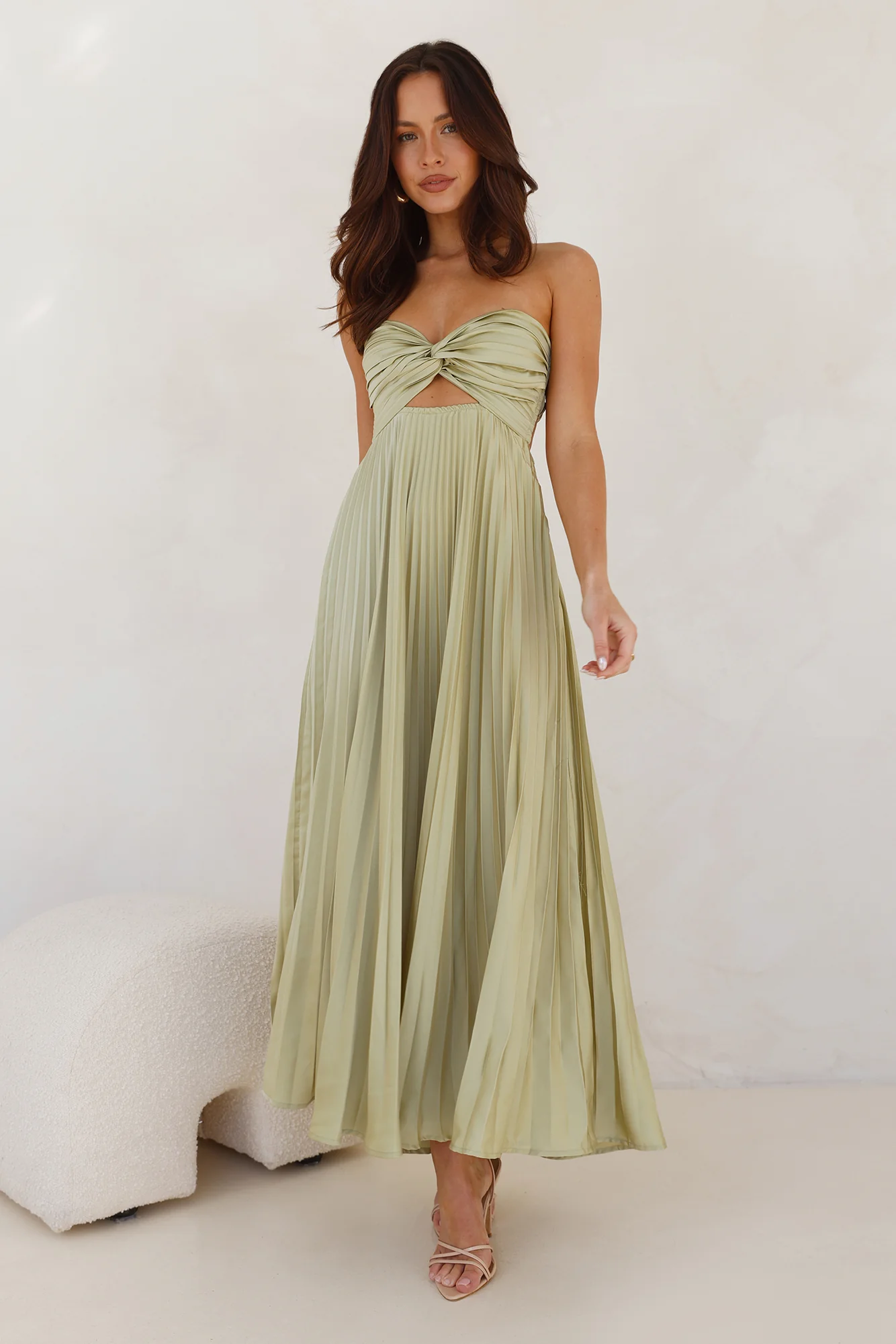 Frosted Berry Strapless Pleated Maxi Dress Lime