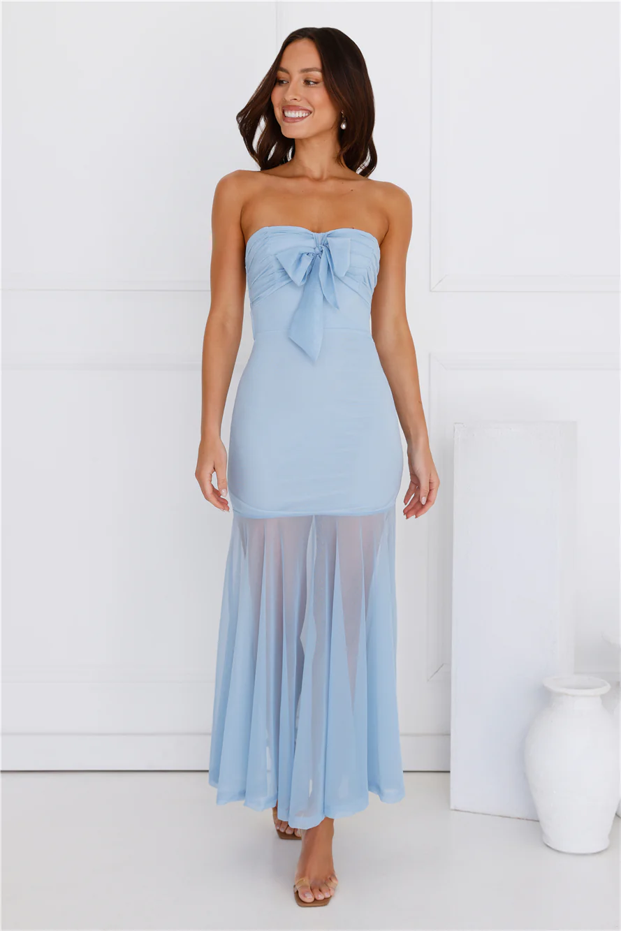 Misty Morning Magic Strapless Mesh Maxi Dress Blue