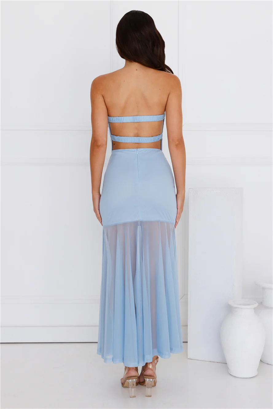 Misty Morning Magic Strapless Mesh Maxi Dress Blue