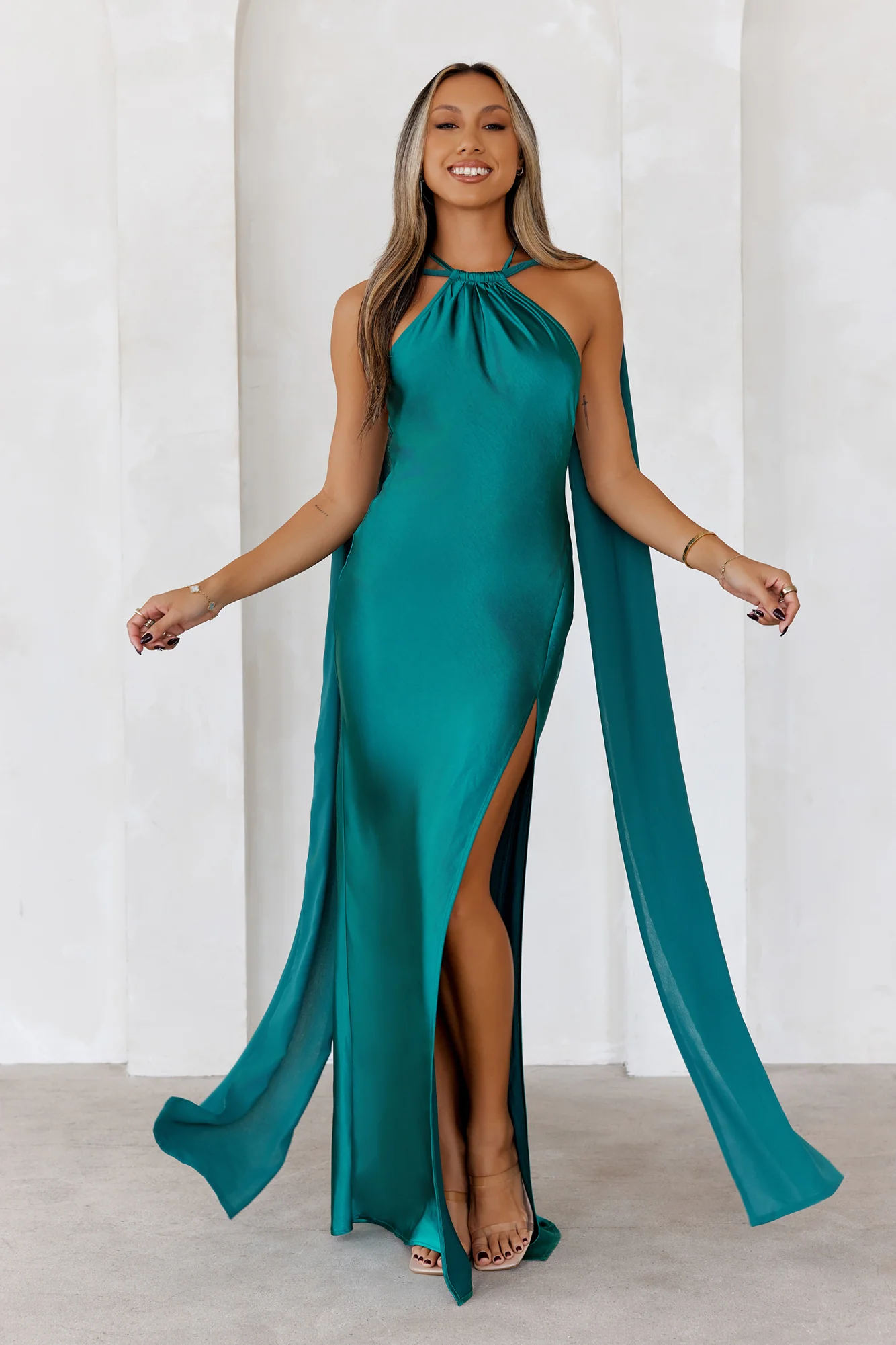 Golden Empress Satin Maxi Dress Green