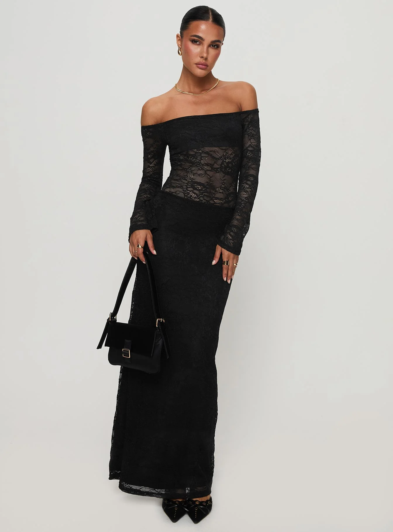 Pinot Grigio Long Sleeve Lace Maxi Dress Black