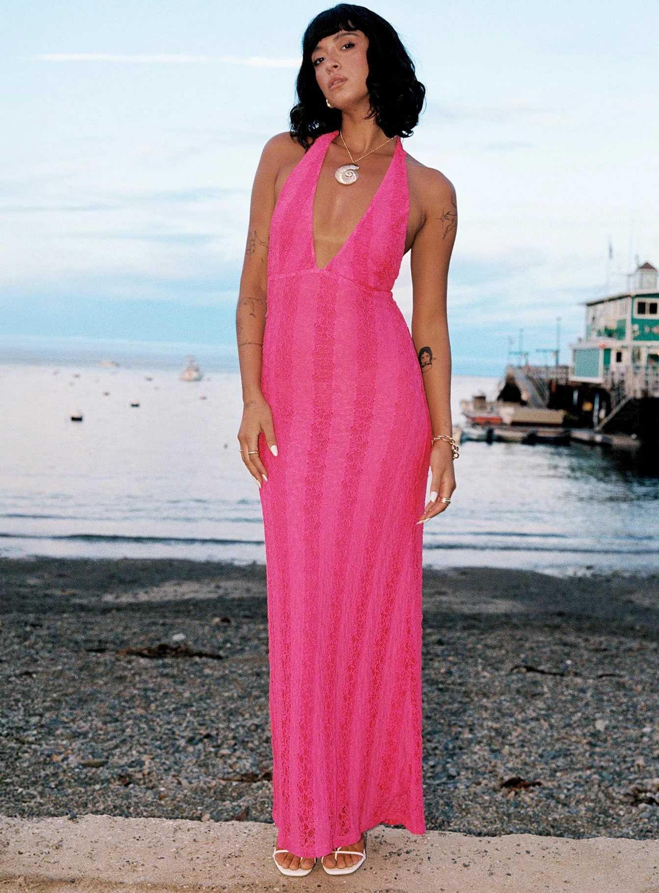 Zoi Lace Halter Maxi Dress Hot Pink