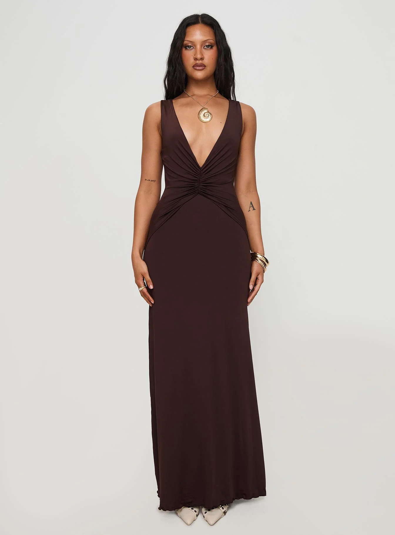 Frederica Plunge Maxi Dress Chocolate