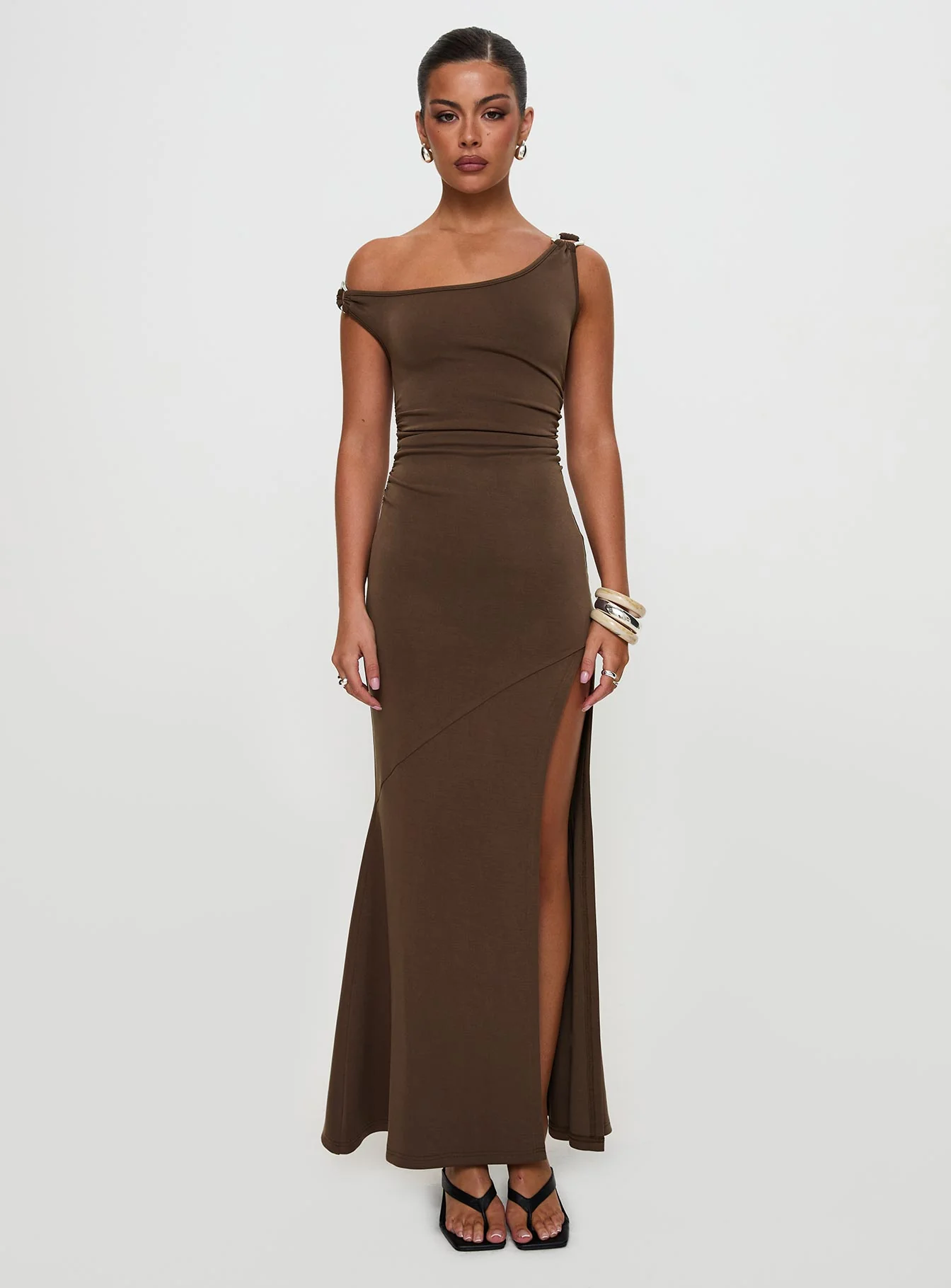 Rios One Shoulder Maxi Dress Brown