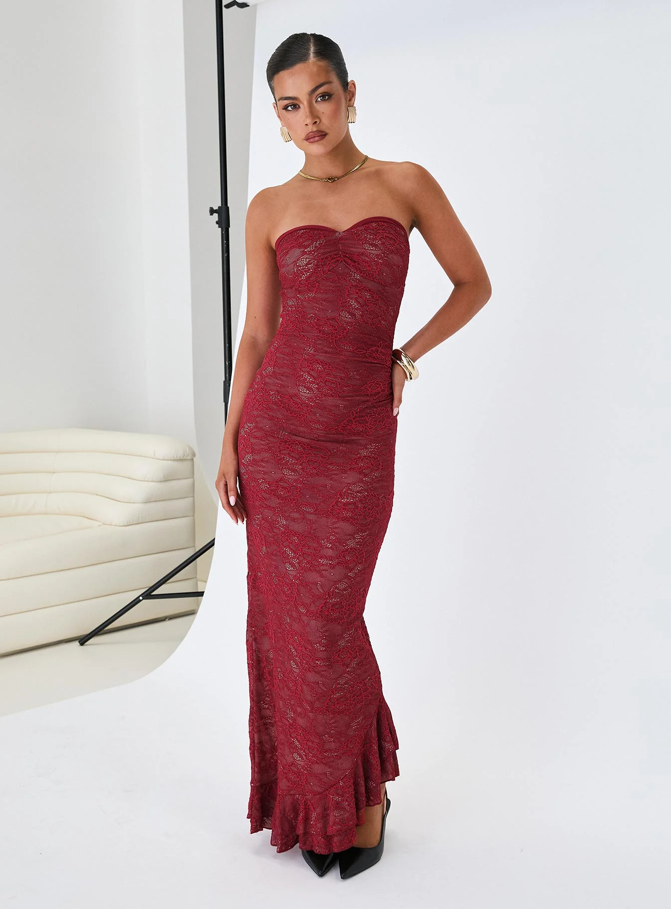 Hailees Lace Strapless Maxi Dress Red