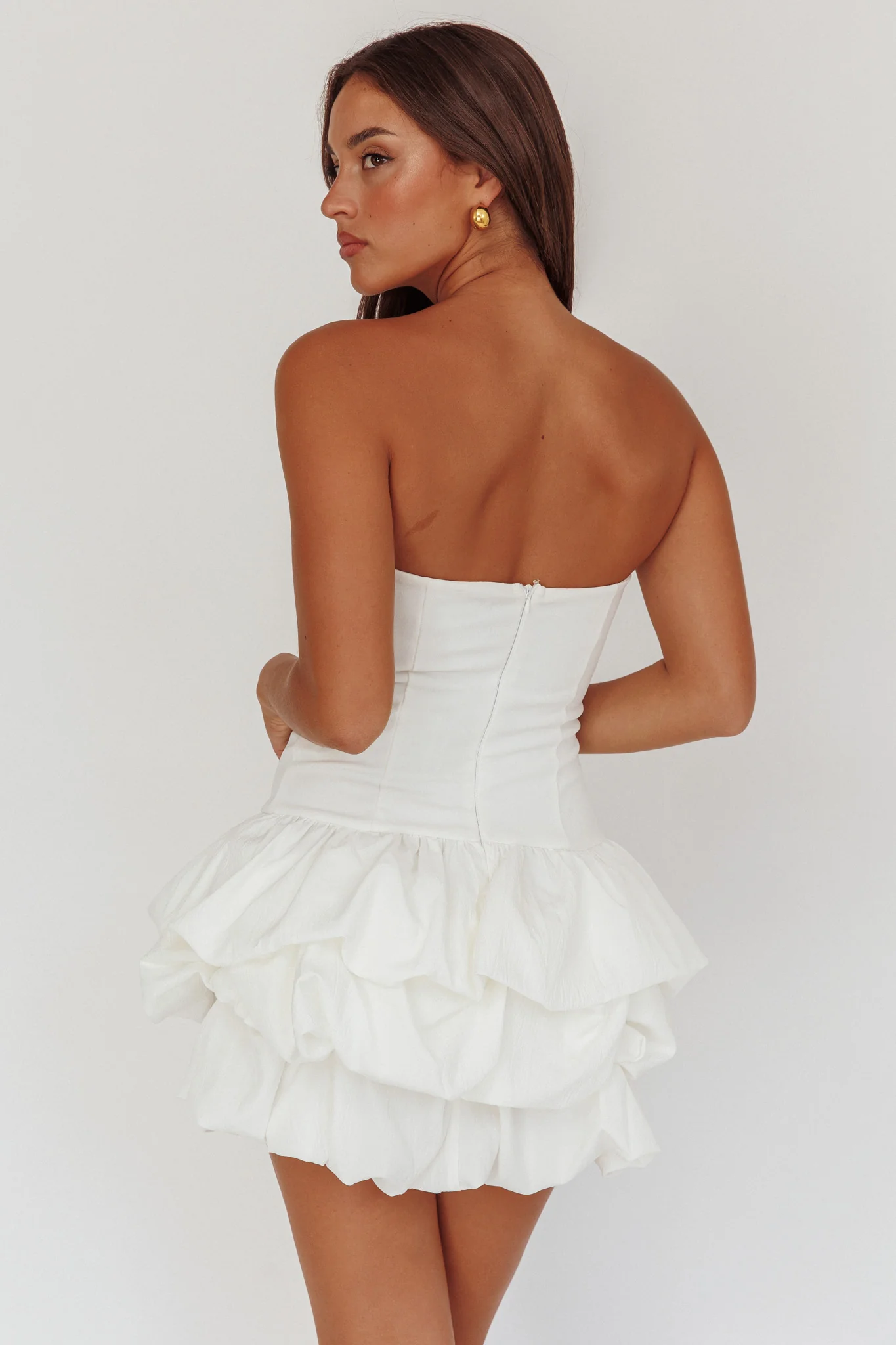 Nefiti Strapless Layered Bubble Hem Dress White