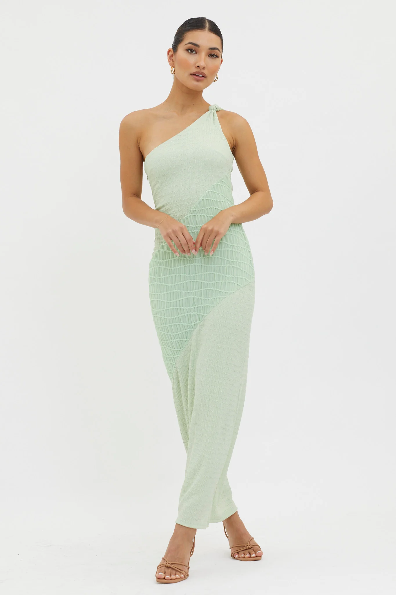 Clean Slate One-Shoulder Smocked Midi Dress Sage