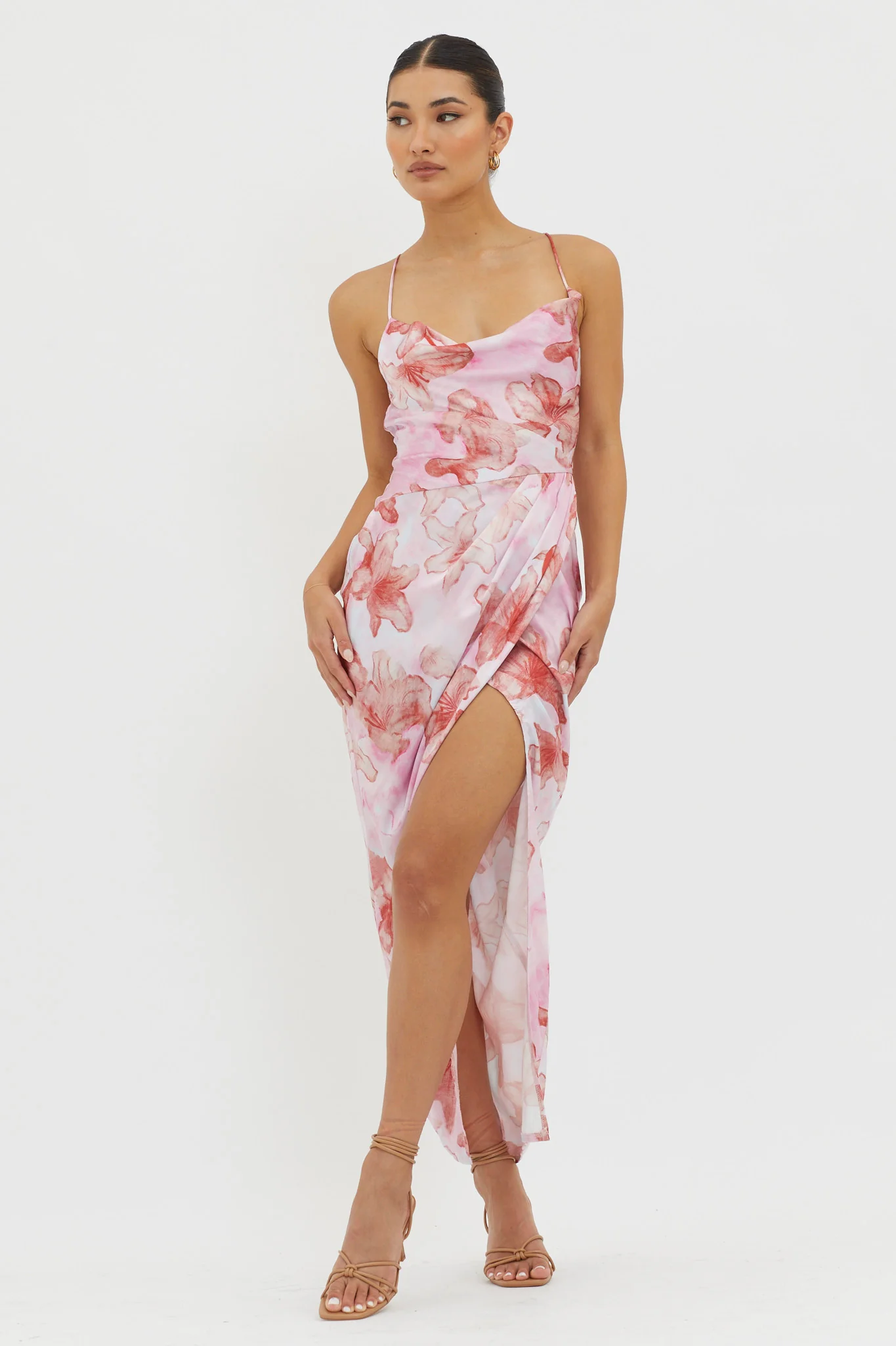 Erryn Tied Back Split Midi Dress Pink