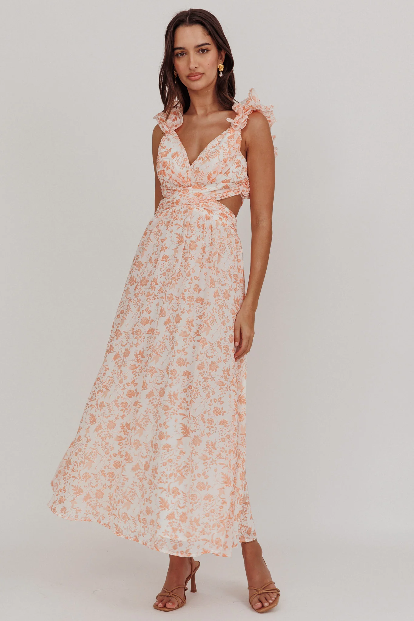 Madara Lace-Up Back Maxi Dress Flowers Orange