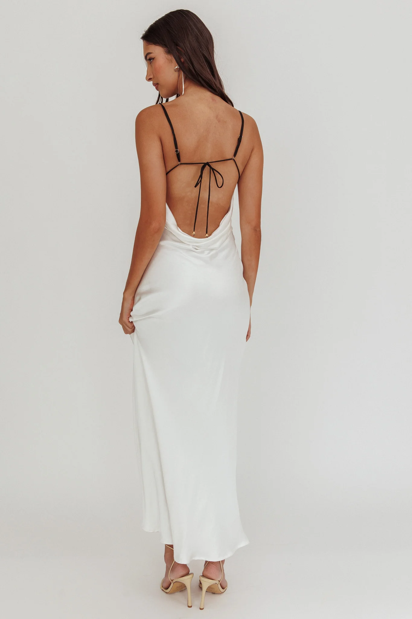 Gentle Touch Cowl Neck Satin Maxi Dress White