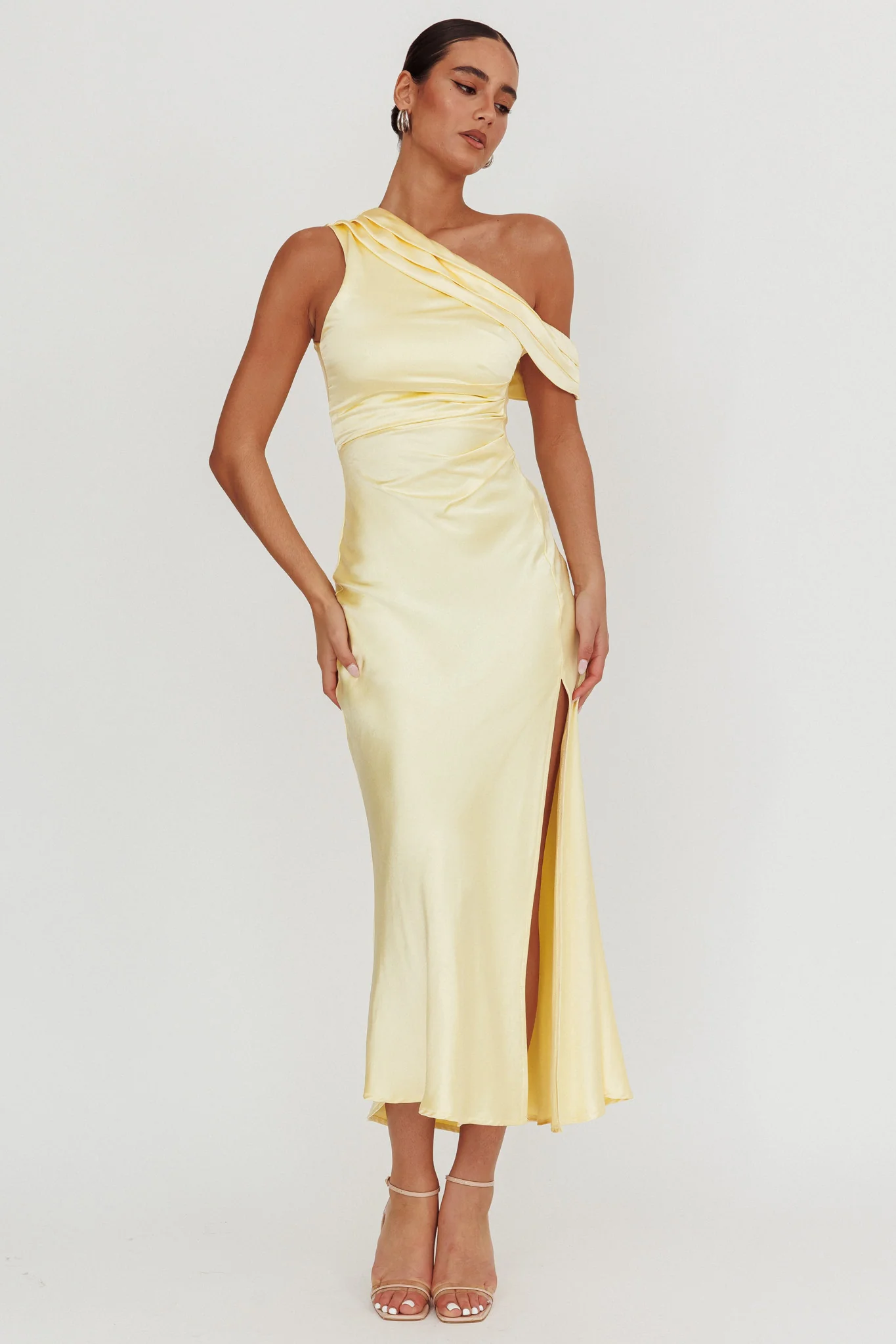 Floret Asymmetric Neckline Midi Dress Butter