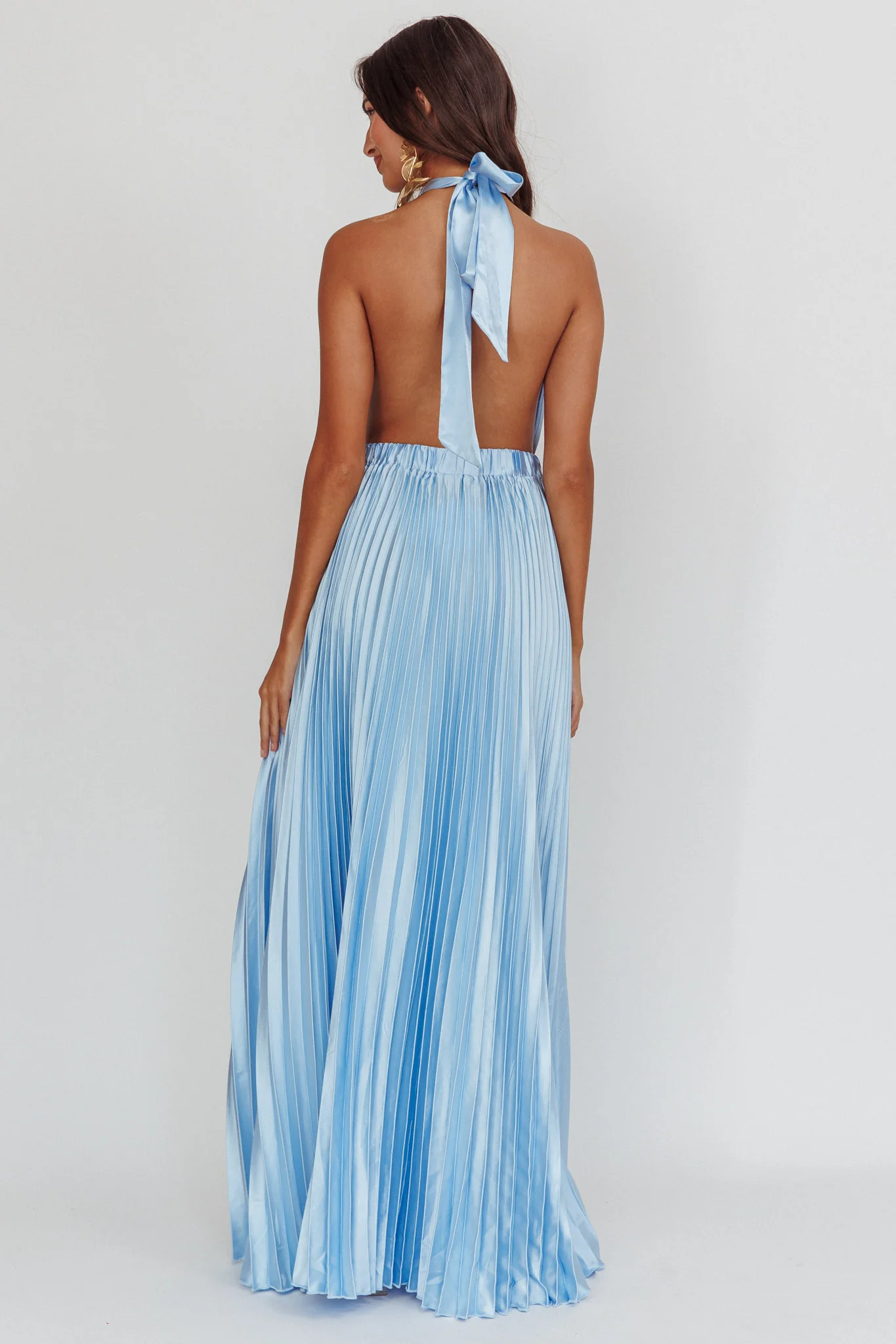 Monarch Pleated Satin Maxi Dress Light Blue