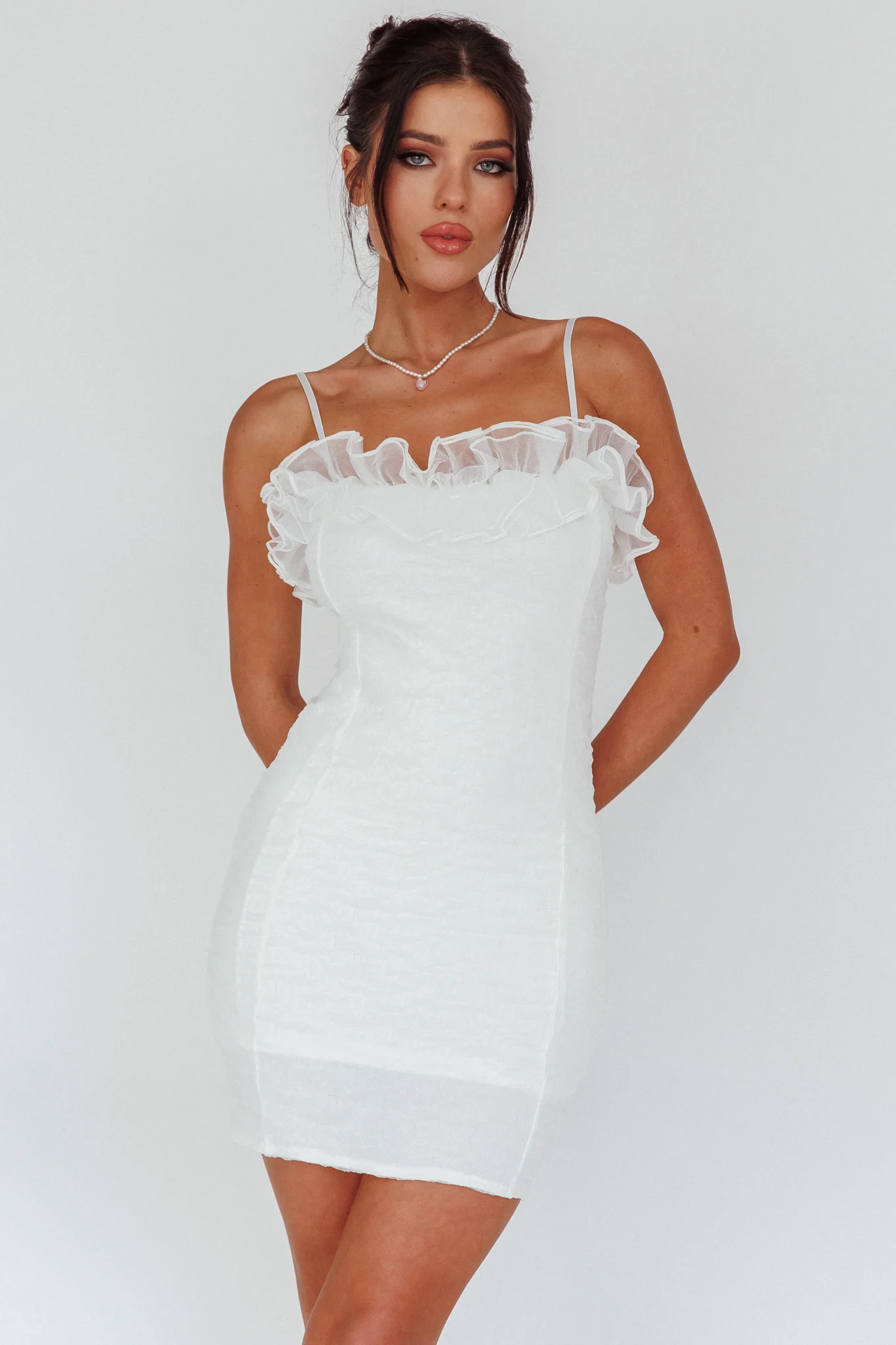 For The Frills Tulle Neckline Mini Dress Off White