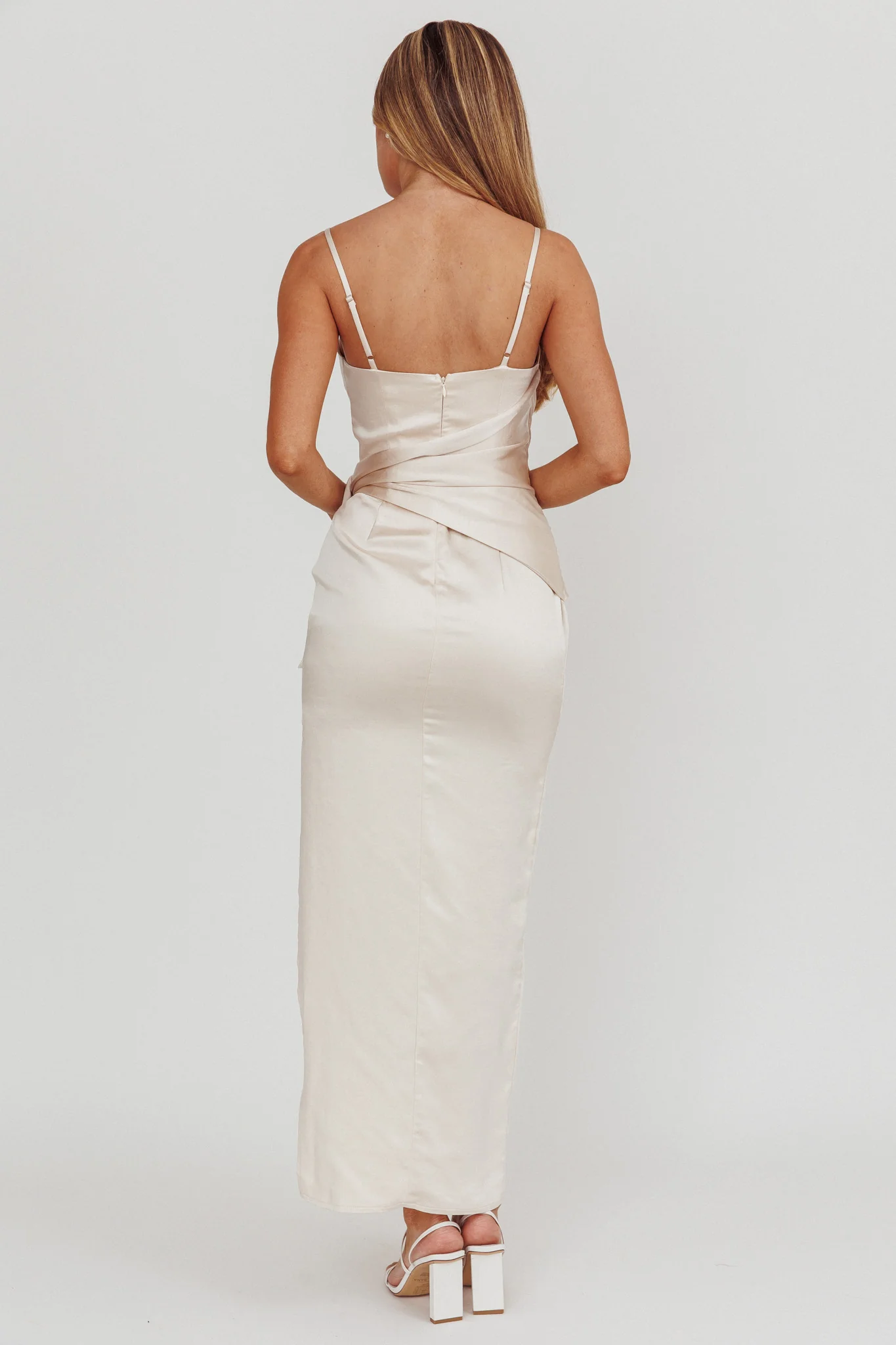 Celestine Waist Tie Satin Maxi Dress Light Champagne