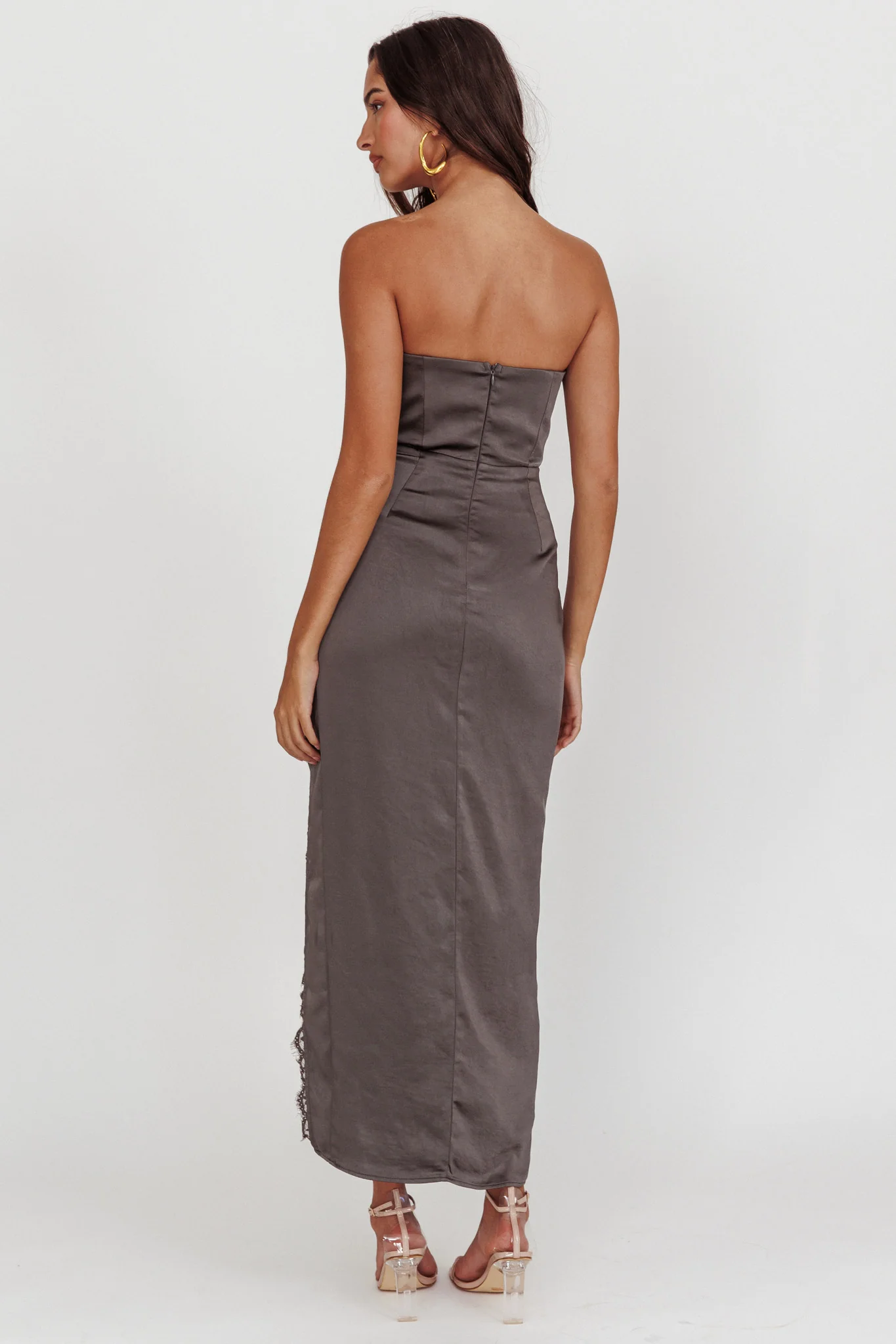 Winter Moon Strapless Lace Trim Midi Dress Charcoal