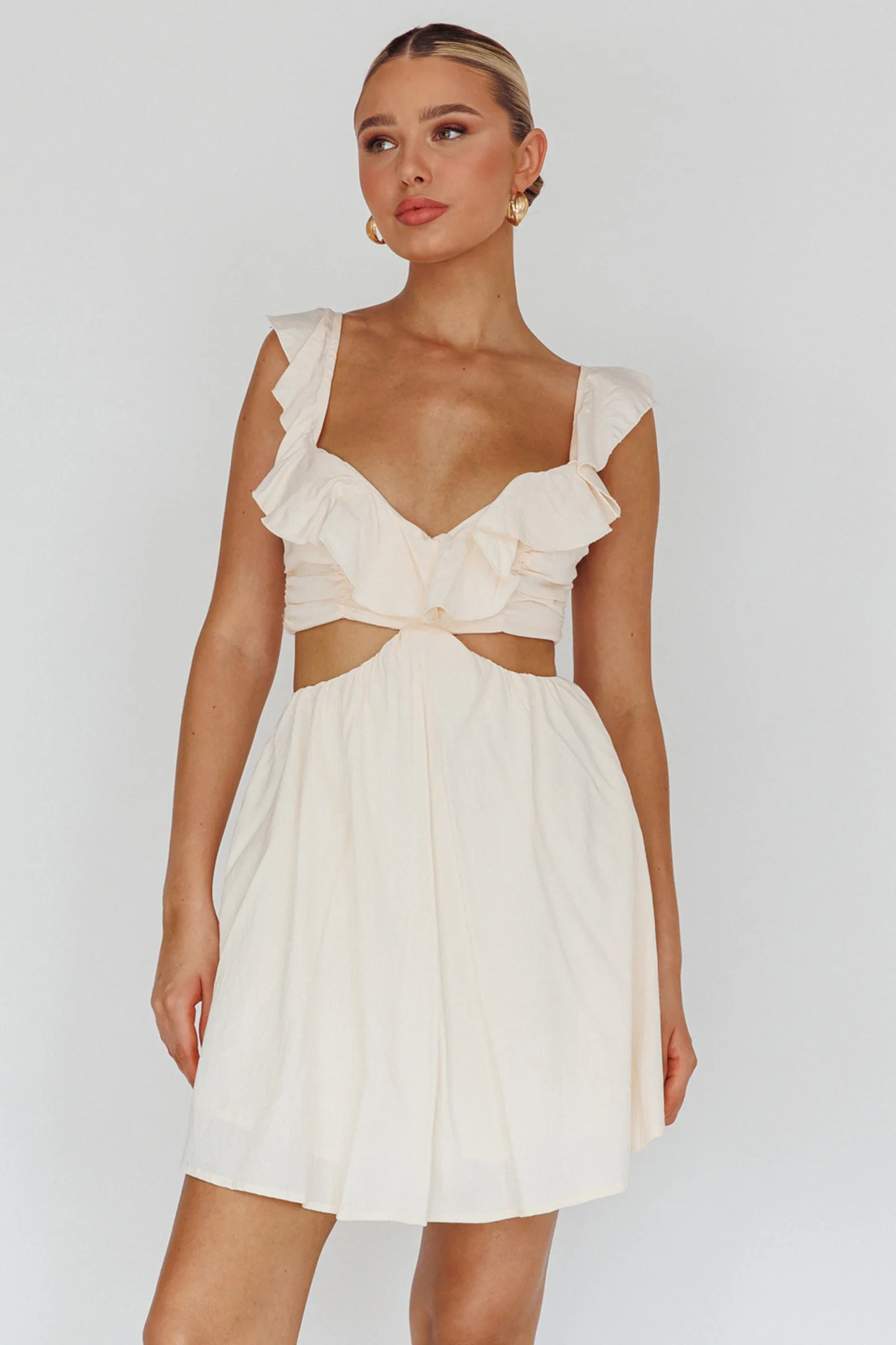Revel Ruffle Trim Cut-Out Waist Dress Ivory