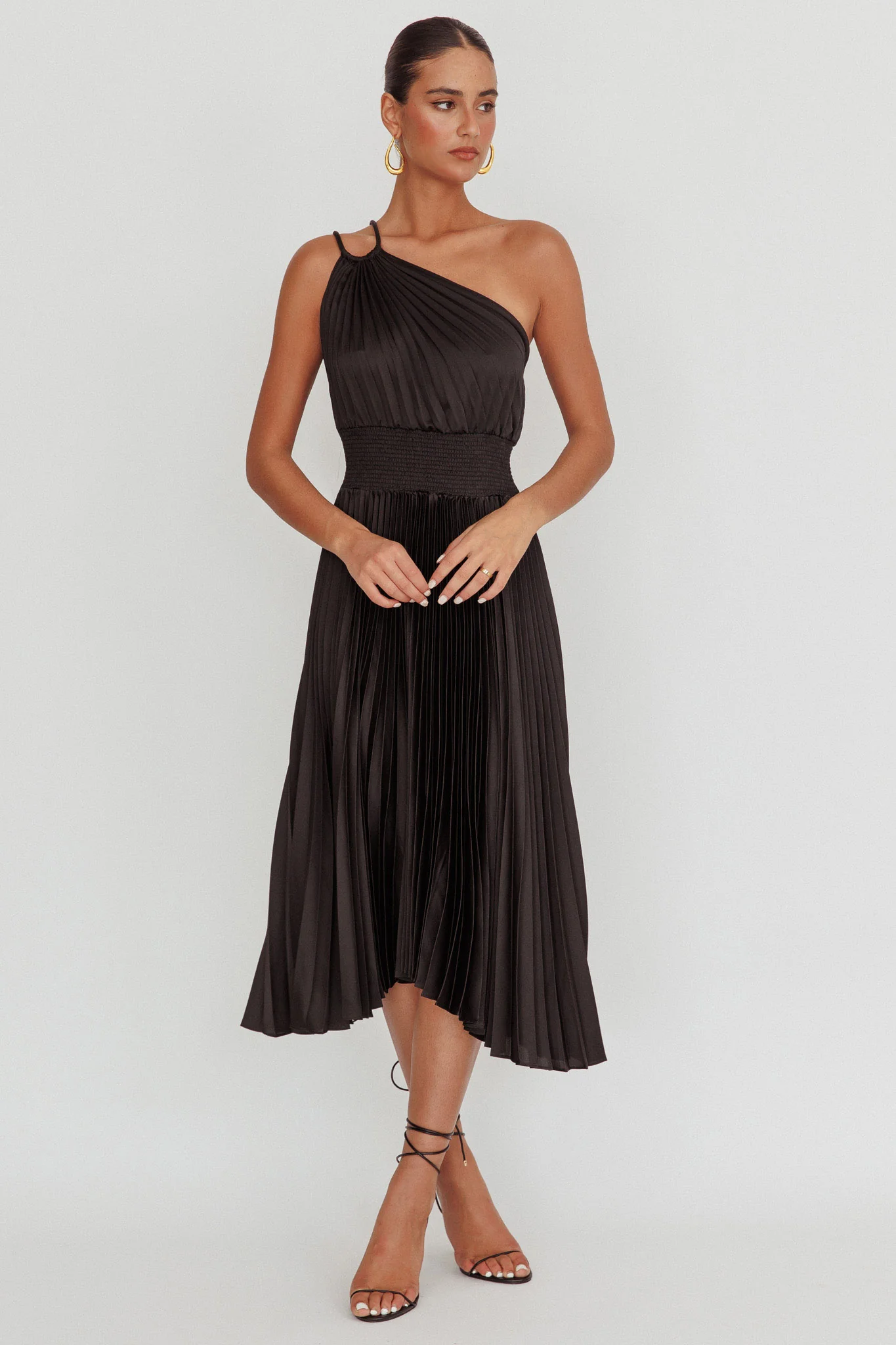 Calissa One Shoulder Pleated Midi Dress Black