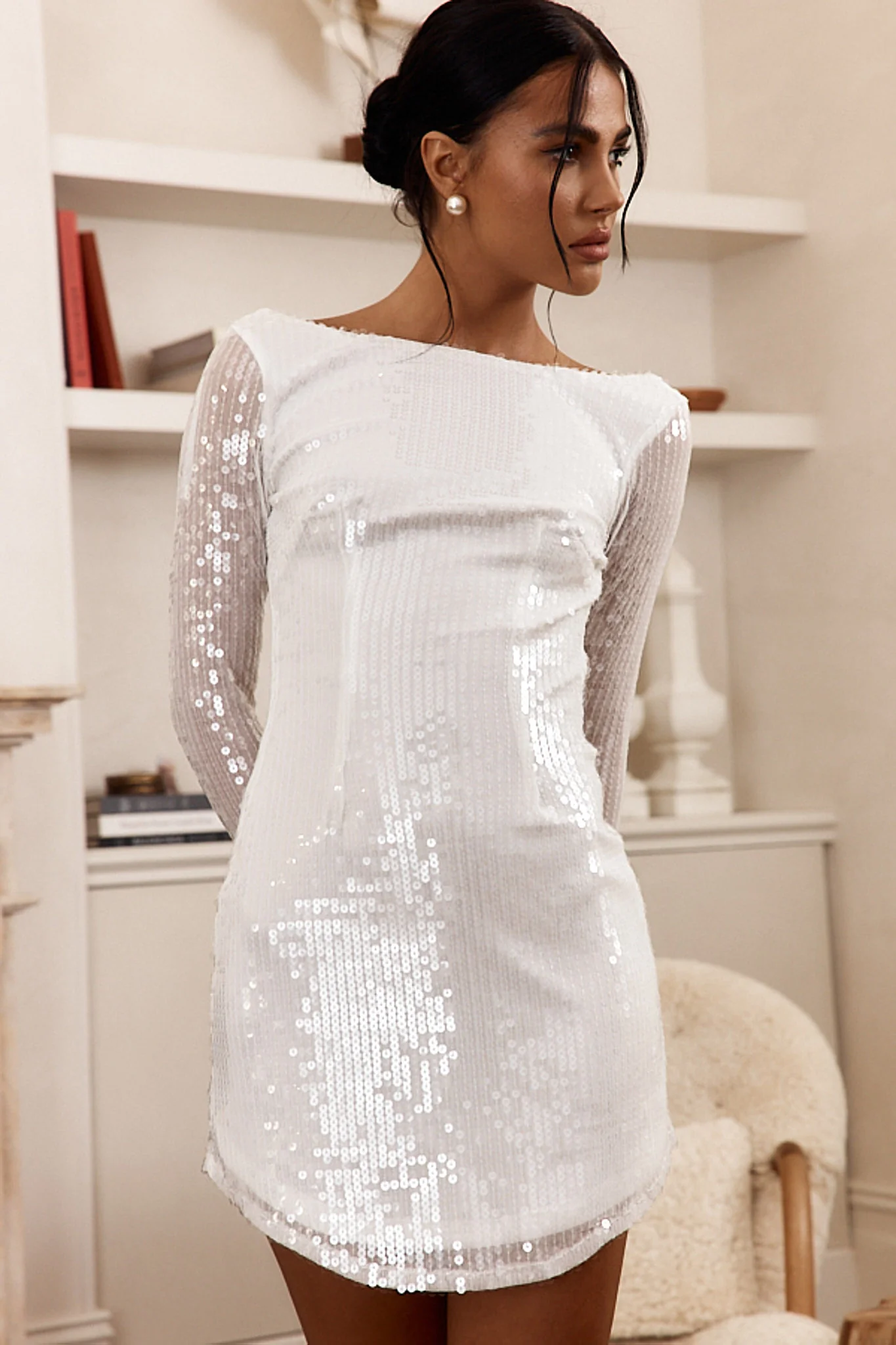 Karma Long Sleeve Keyhole Back Sequin Dress White