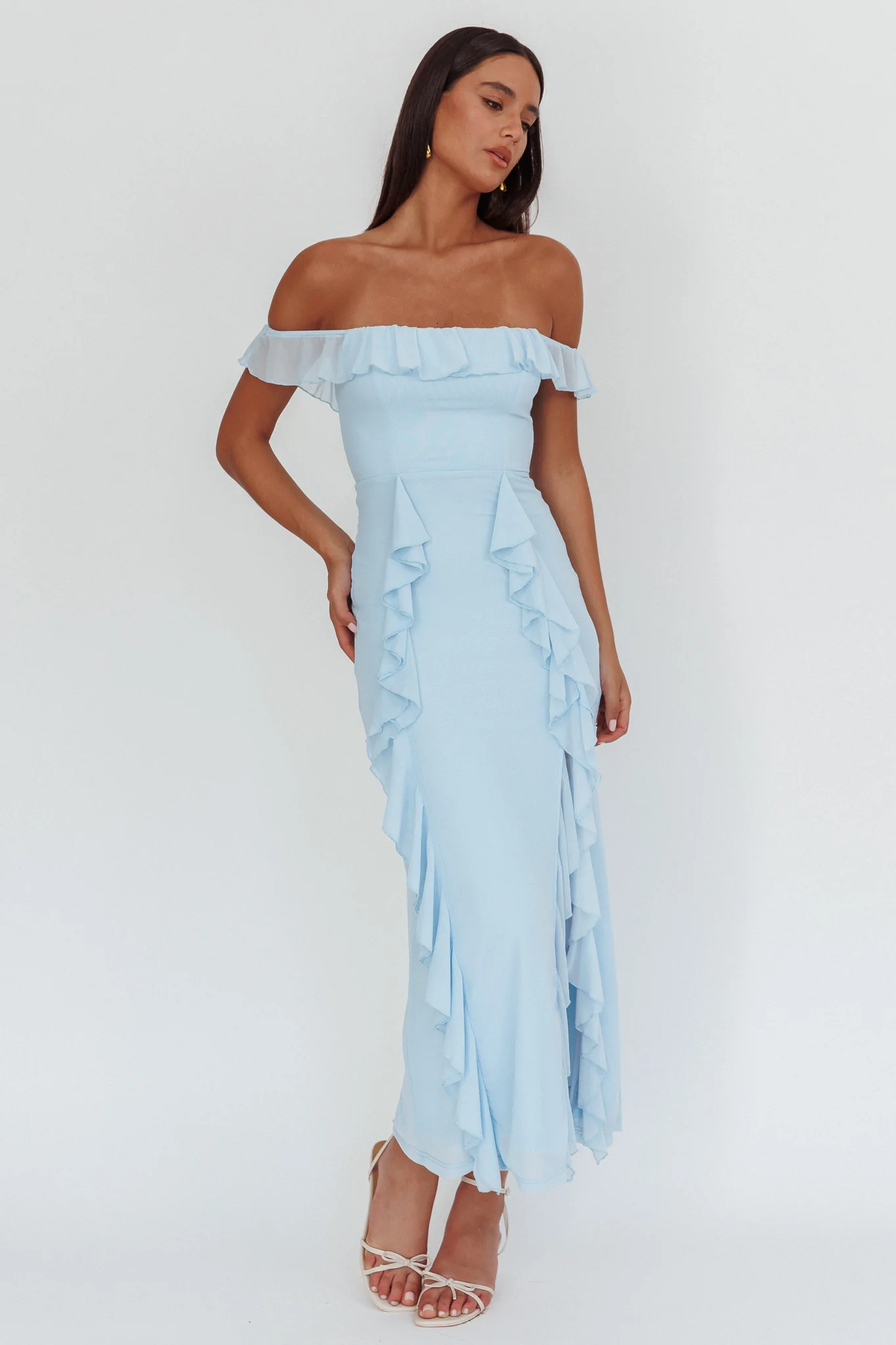 Flamenco Off-Shoulder Ruffle Maxi Dress Blue