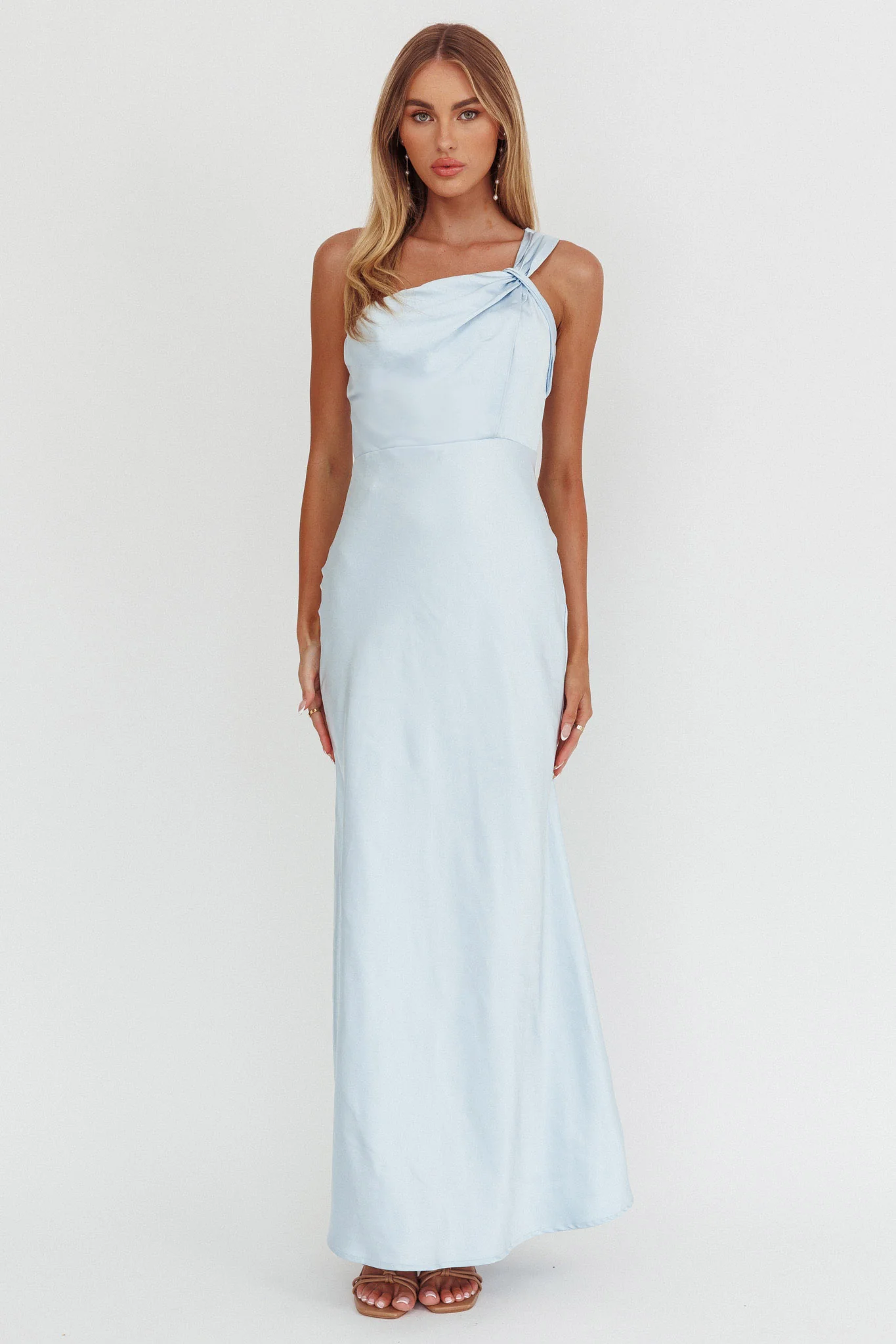 Fly Love Satin One Shoulder Maxi Dress Sky Blue