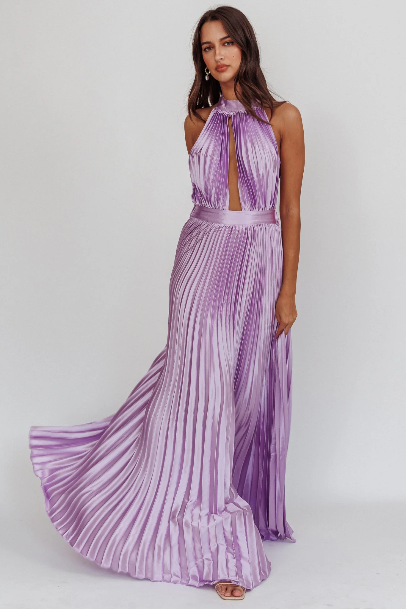 Monarch Pleated Satin Maxi Dress Lavender