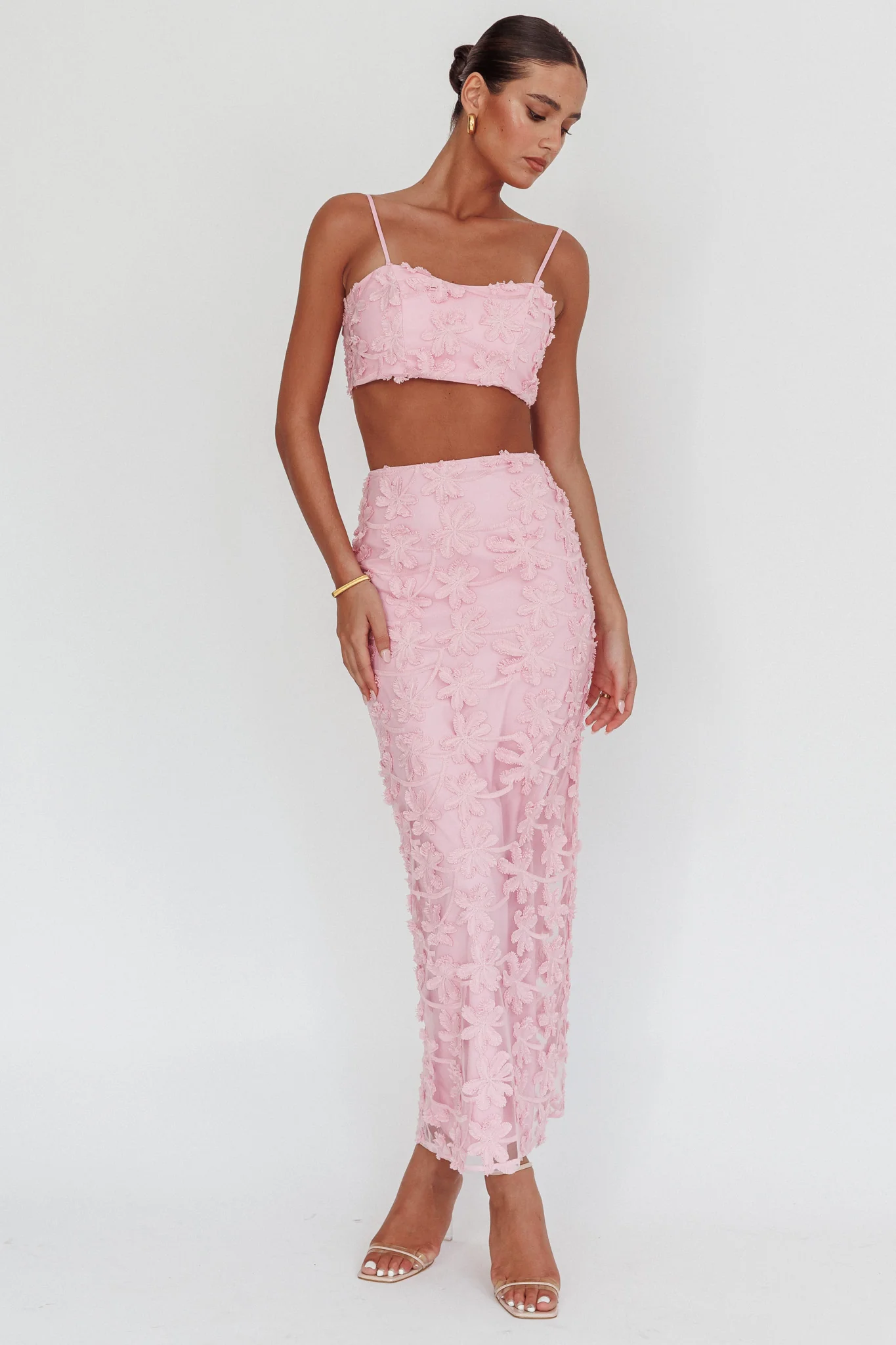 Casi Palm Tree Embroidered Maxi Skirt Baby Pink