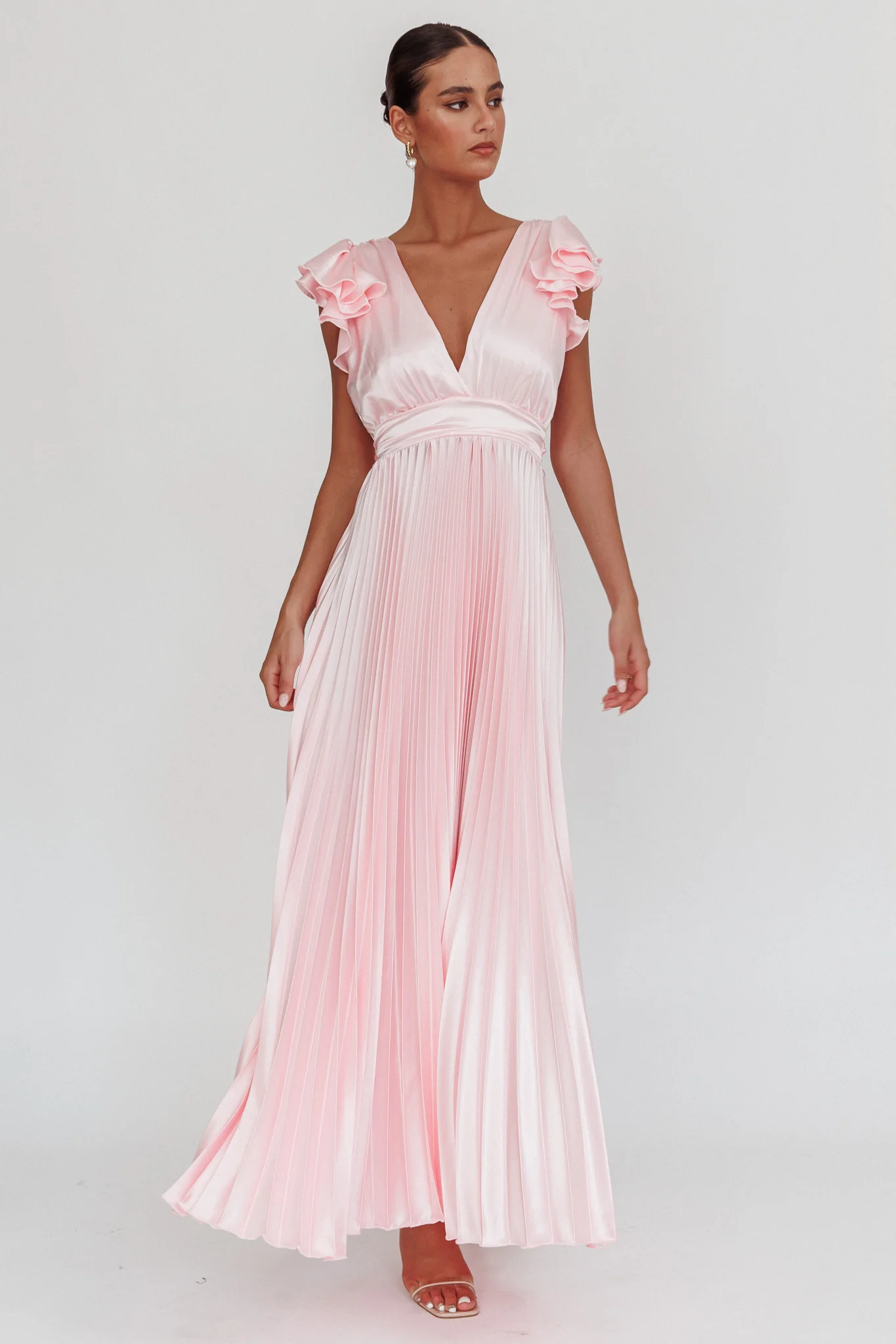 Enchantment Ruffle Sleeve Pleat Maxi Dress Pink