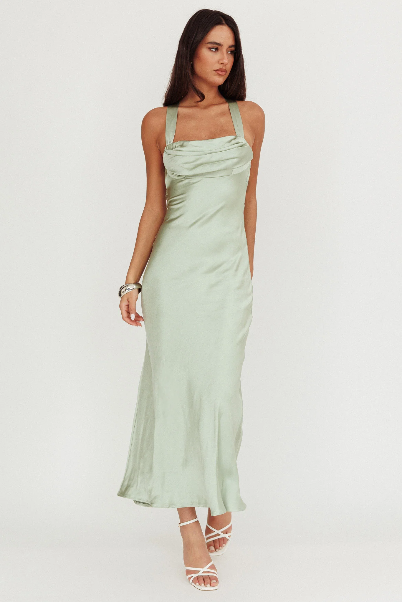 Favorite Part Crossover Back Satin Maxi Dress Sage