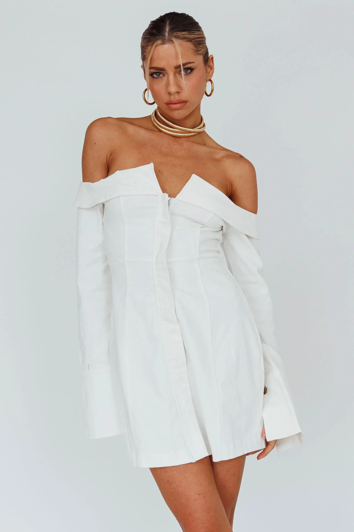 Tamra Long Sleeve Off-Shoulder Zip Dress White
