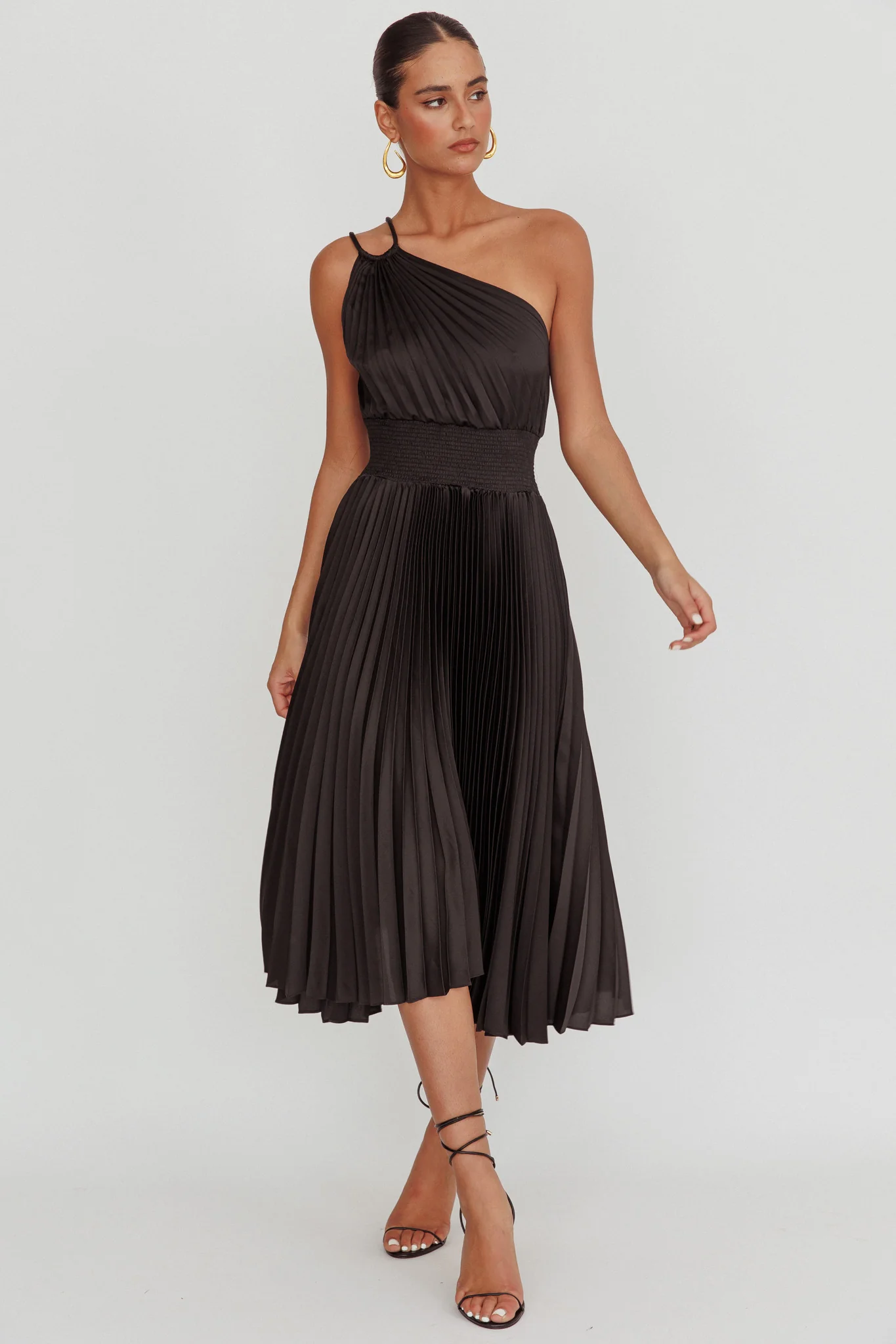 Calissa One Shoulder Pleated Midi Dress Black