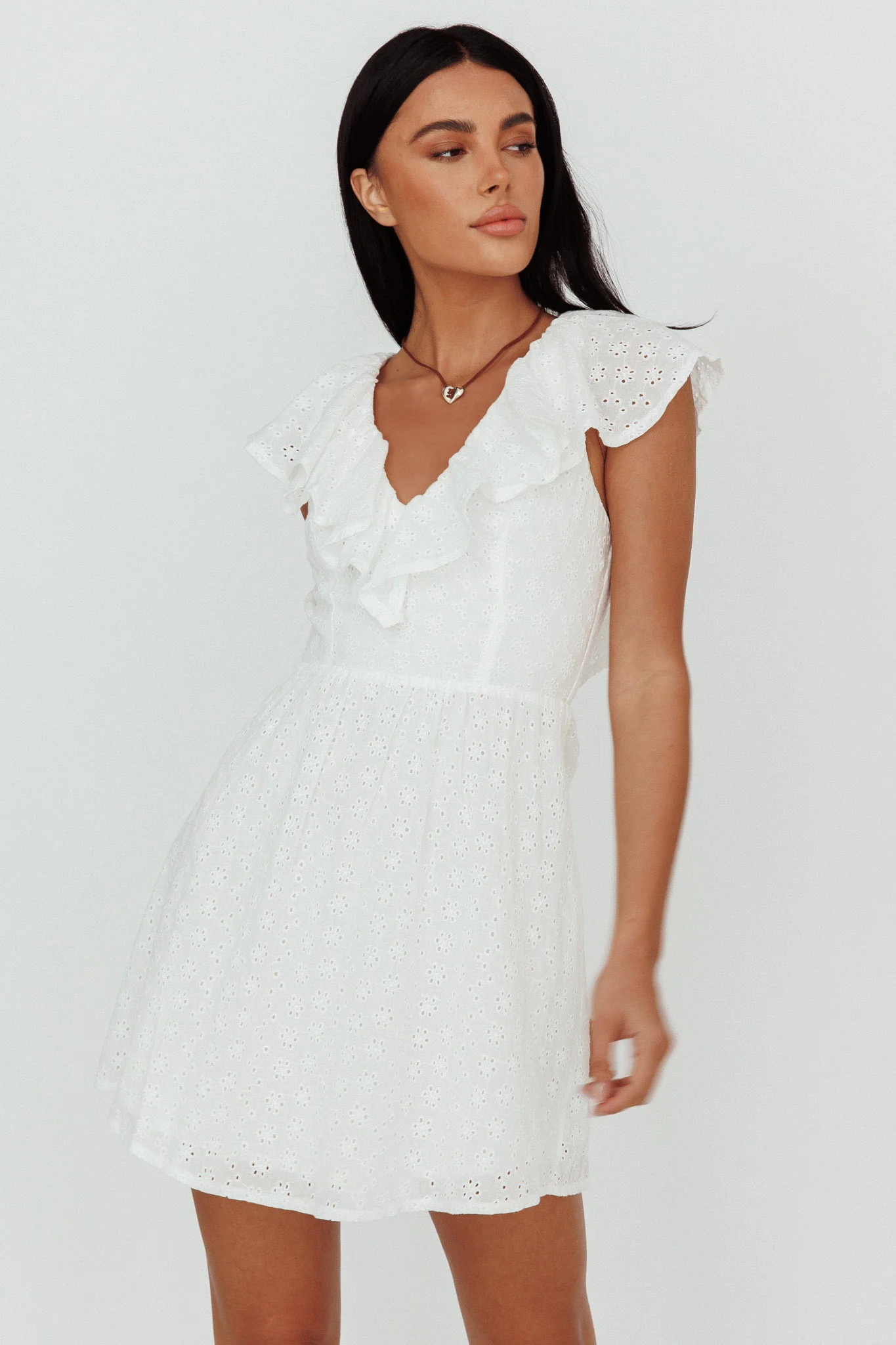 Kiarah Eyelet Ruffle Mini Dress White