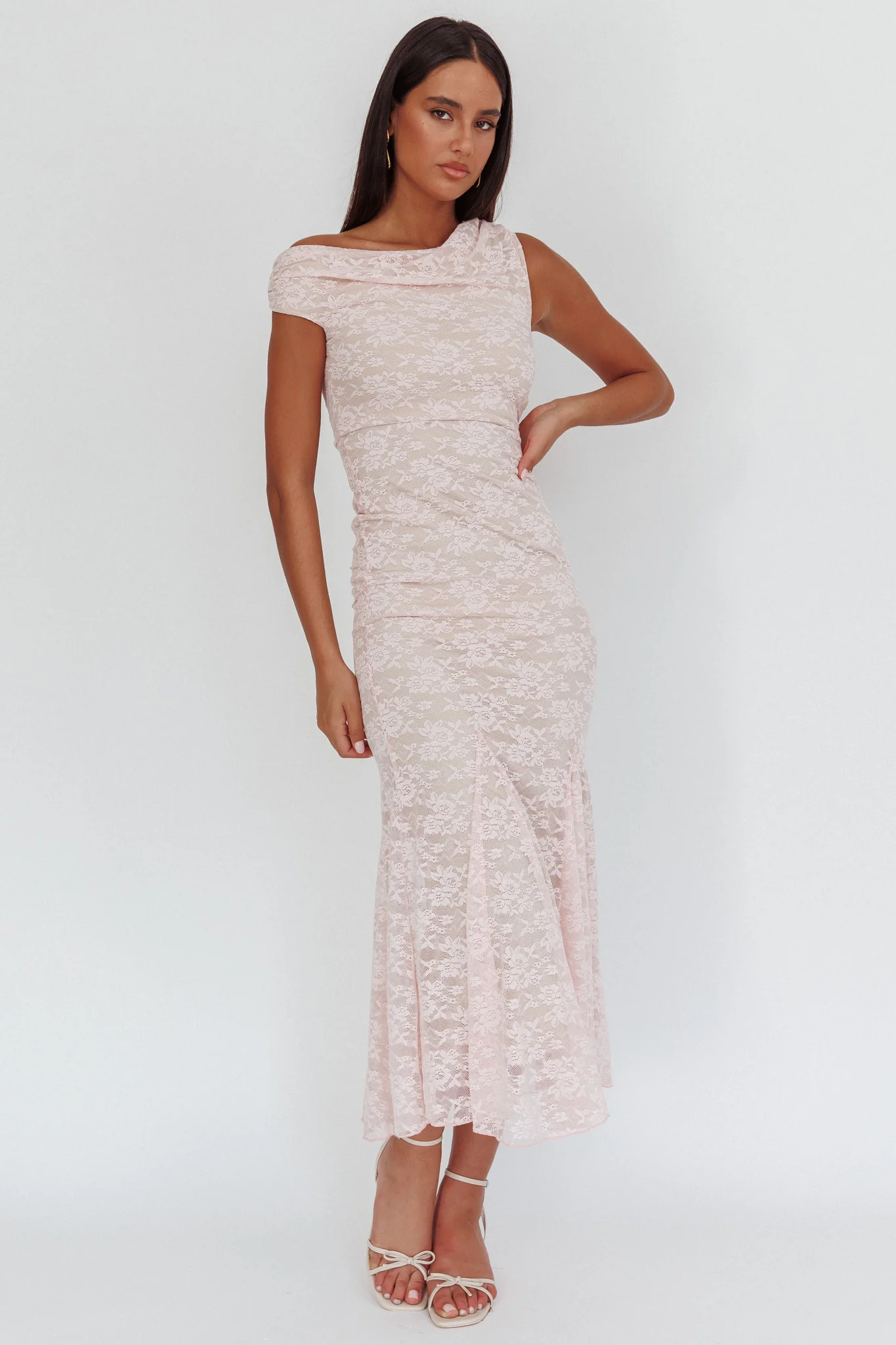 Diana Asymmetric Shoulder Godet Maxi Dress Lace Pink