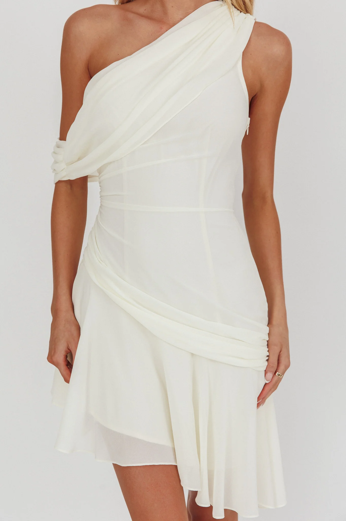Anaisa One-Shoulder Draped Mini Dress Cream
