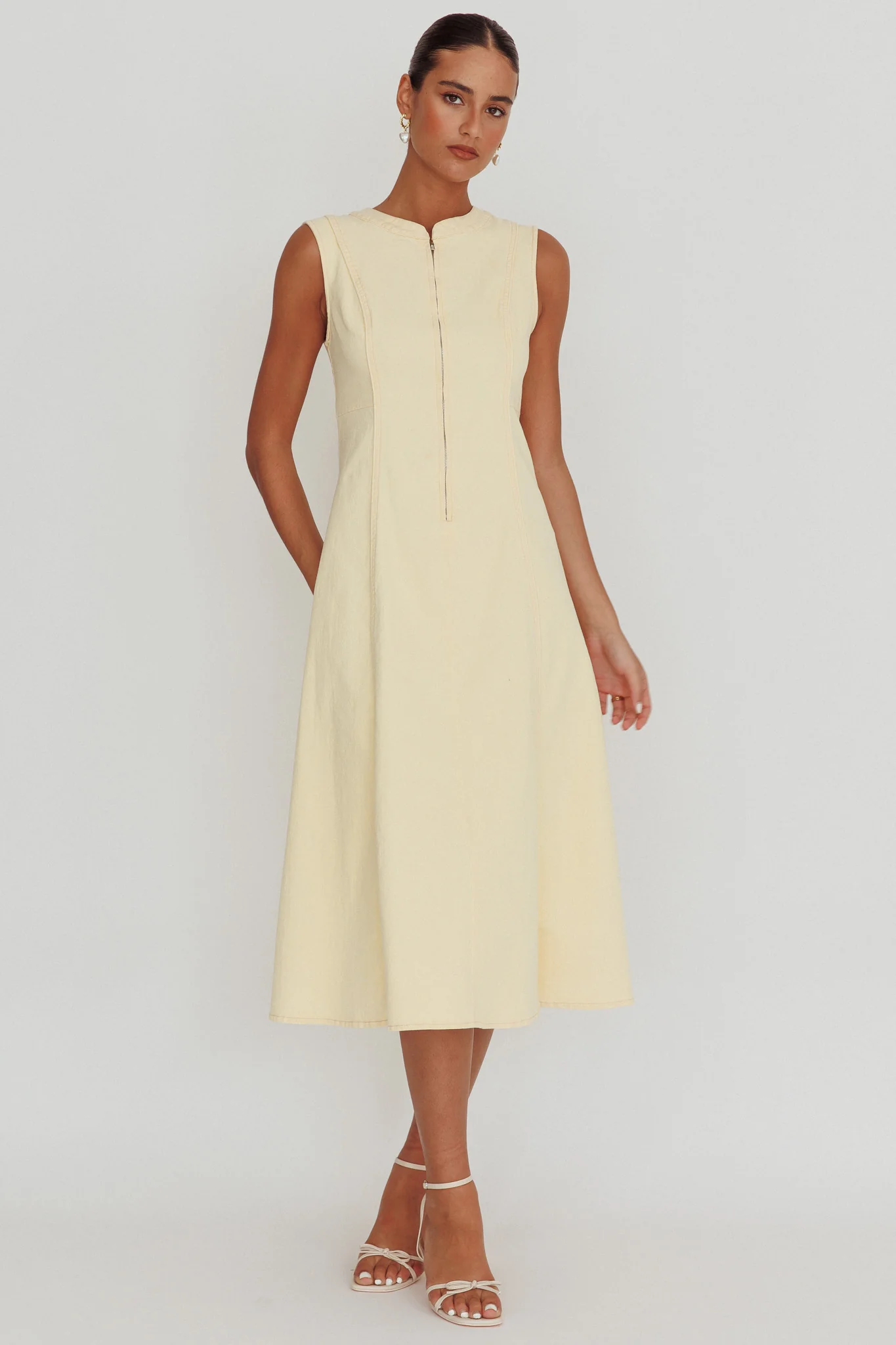 Passionate Flame Sleeveless A-line Midi Dress Beige